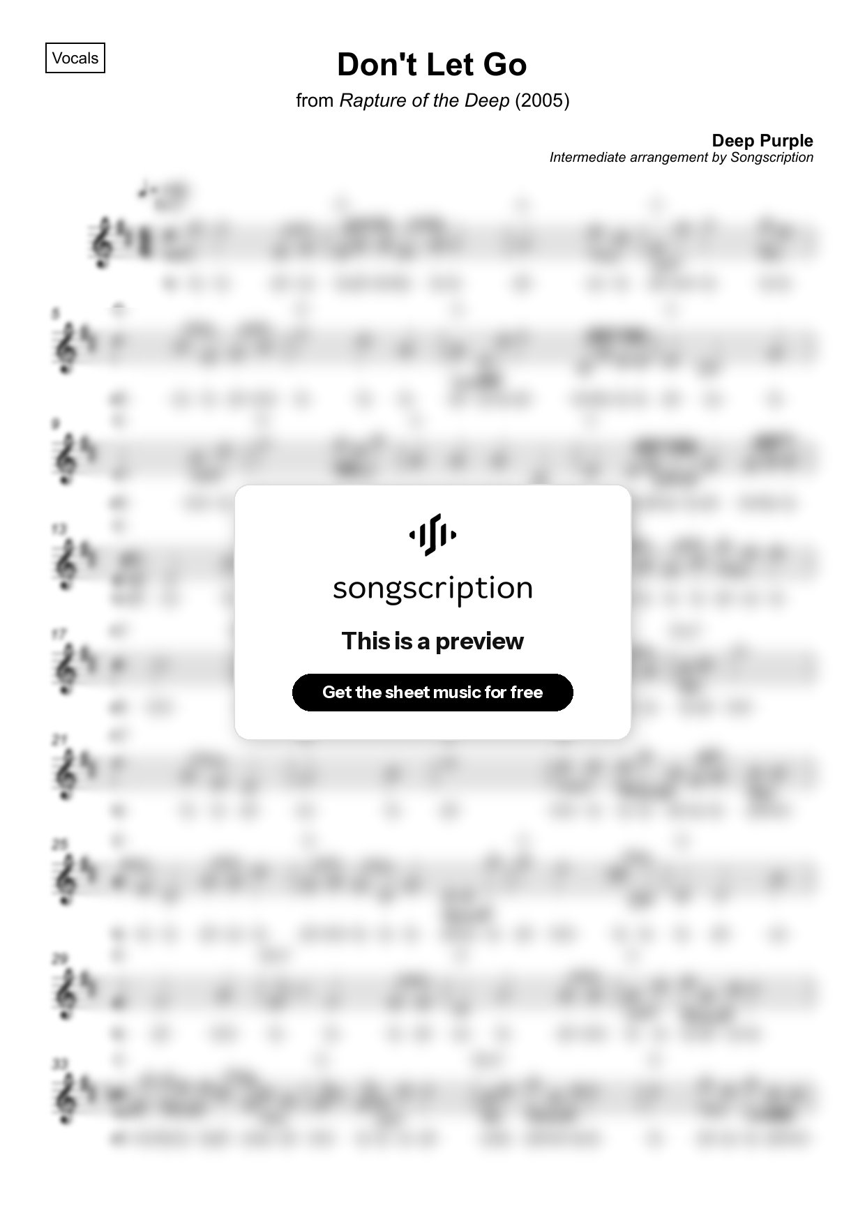 Intermediate Vocals Sheet Music for "Don't Let Go" by Deep Purple