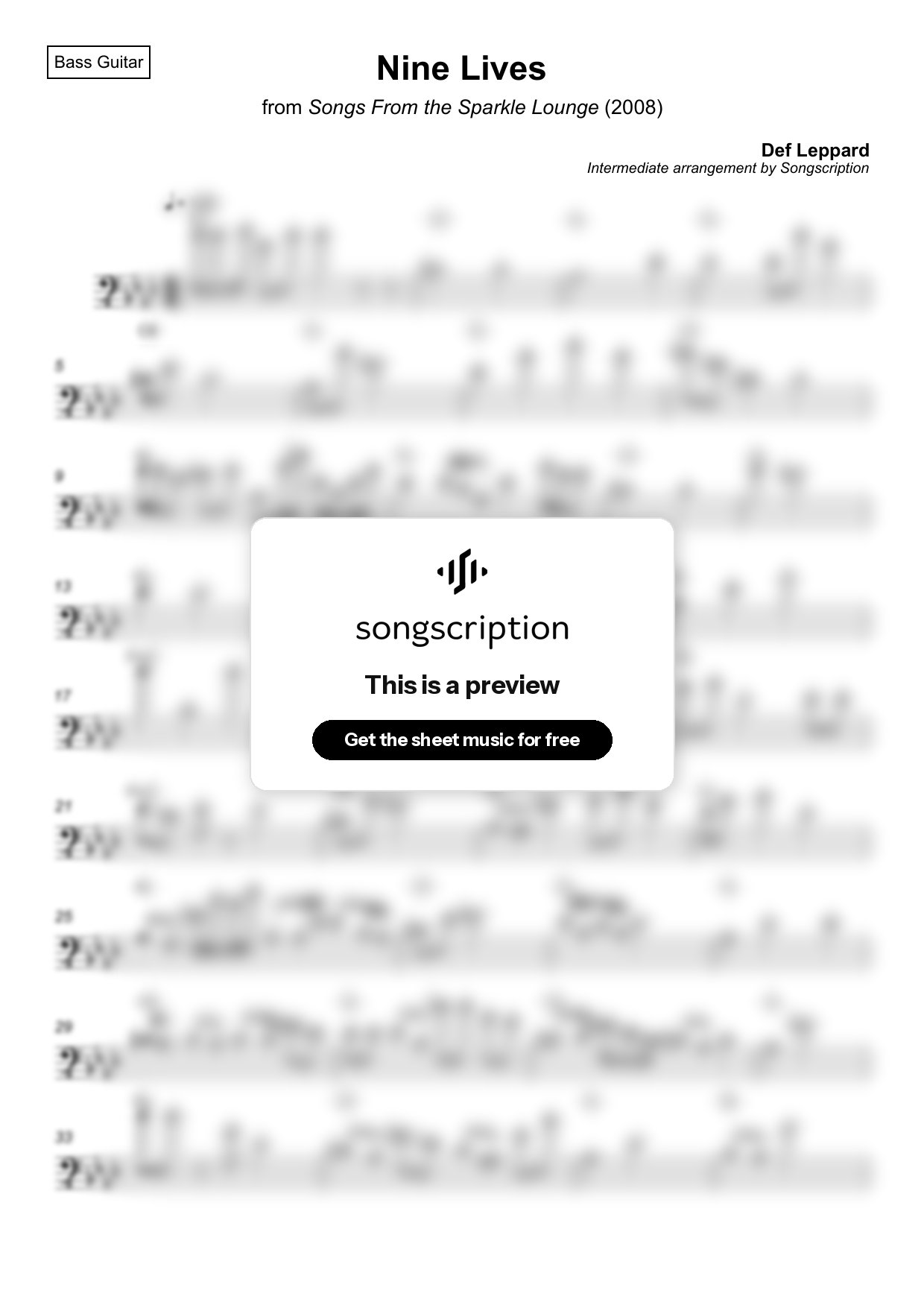 Intermediate Bass Guitar Sheet Music for "Nine Lives" by Def Leppard