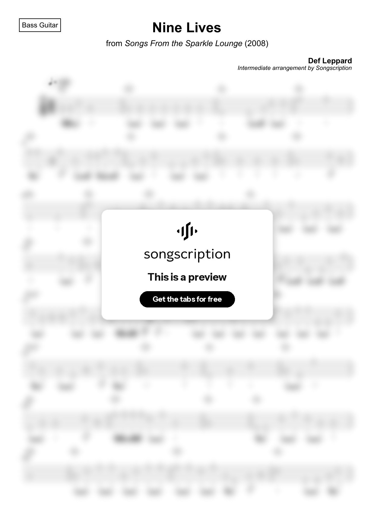 Intermediate Bass Guitar Tabs for "Nine Lives" by Def Leppard
