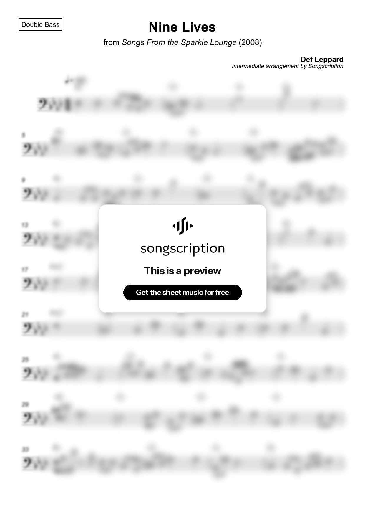 Intermediate Double Bass Sheet Music for "Nine Lives" by Def Leppard