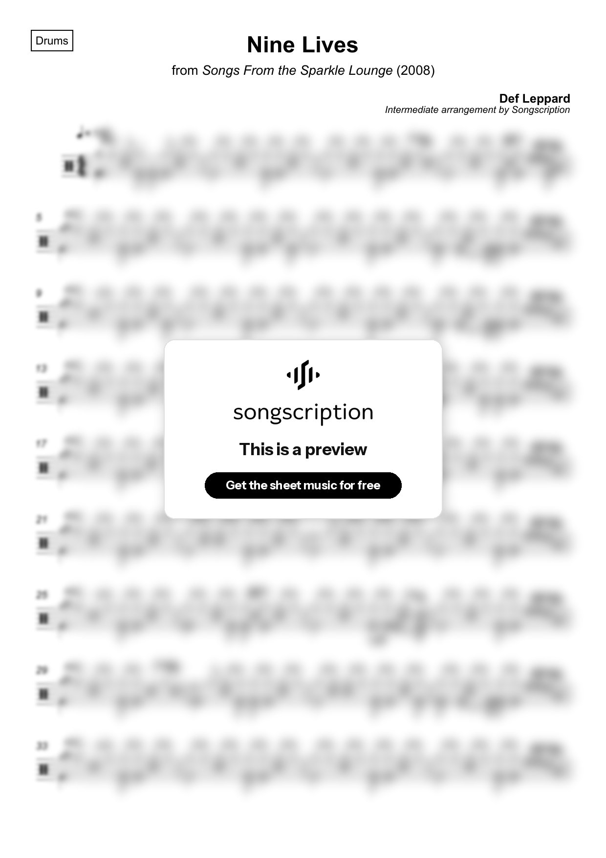 Intermediate Drums Sheet Music for "Nine Lives" by Def Leppard