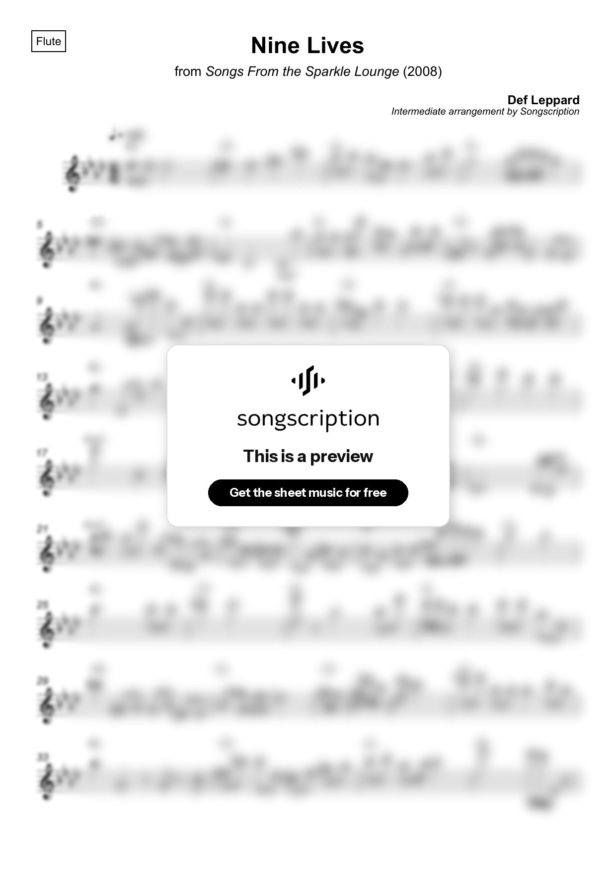Intermediate Flute Sheet Music for "Nine Lives" by Def Leppard
