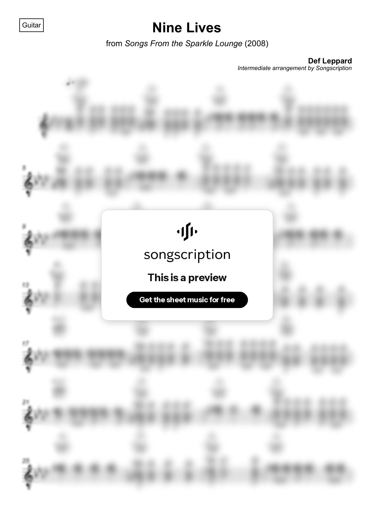Intermediate Acoustic Guitar Sheet Music for "Nine Lives" by Def Leppard