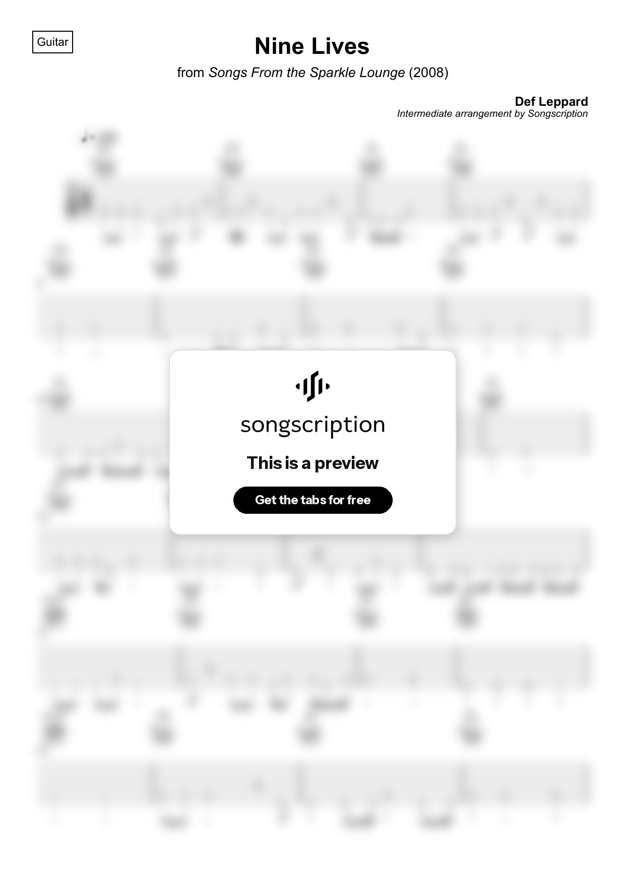 Intermediate Acoustic Guitar Tabs for "Nine Lives" by Def Leppard