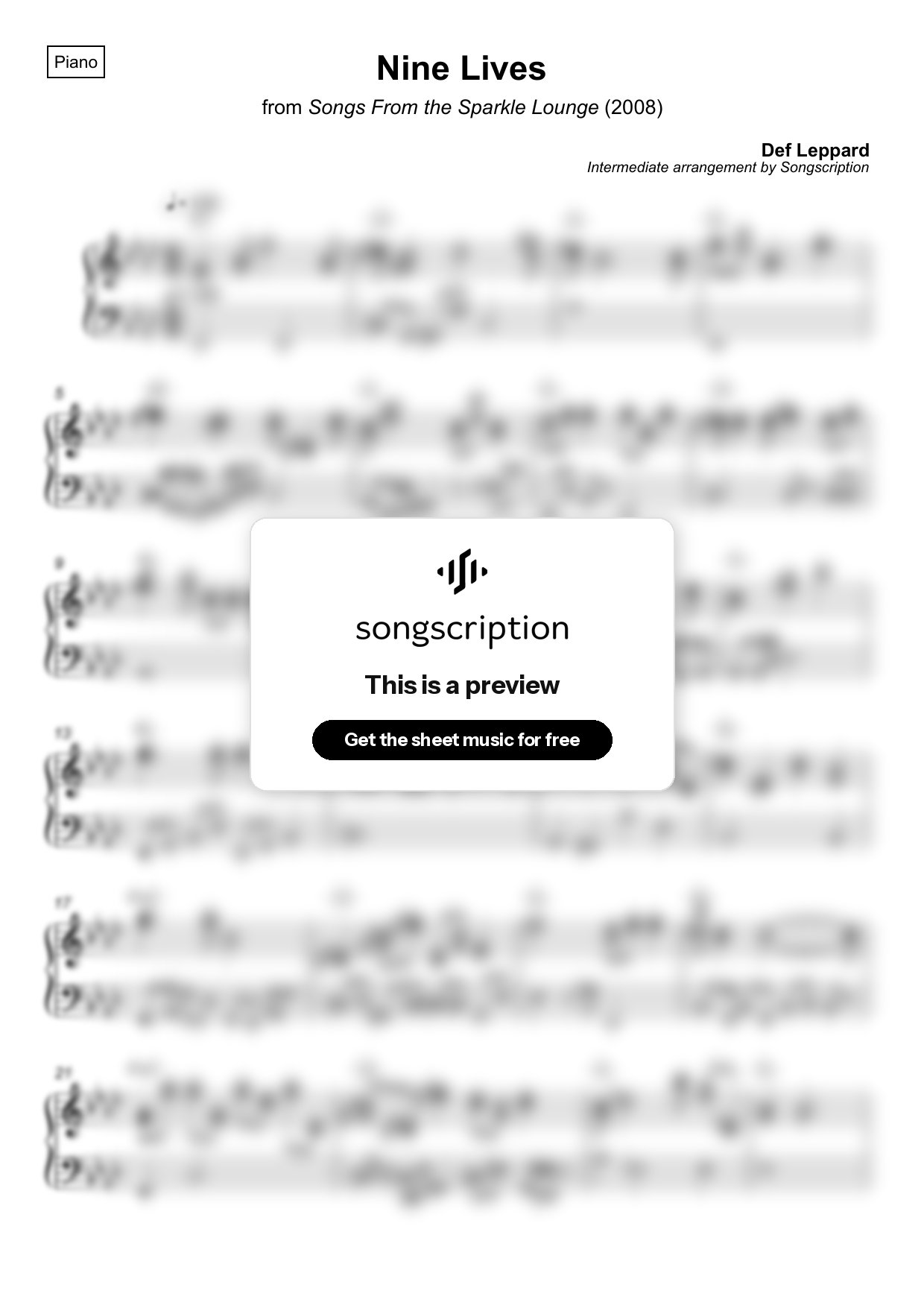 Intermediate Piano Sheet Music for "Nine Lives" by Def Leppard