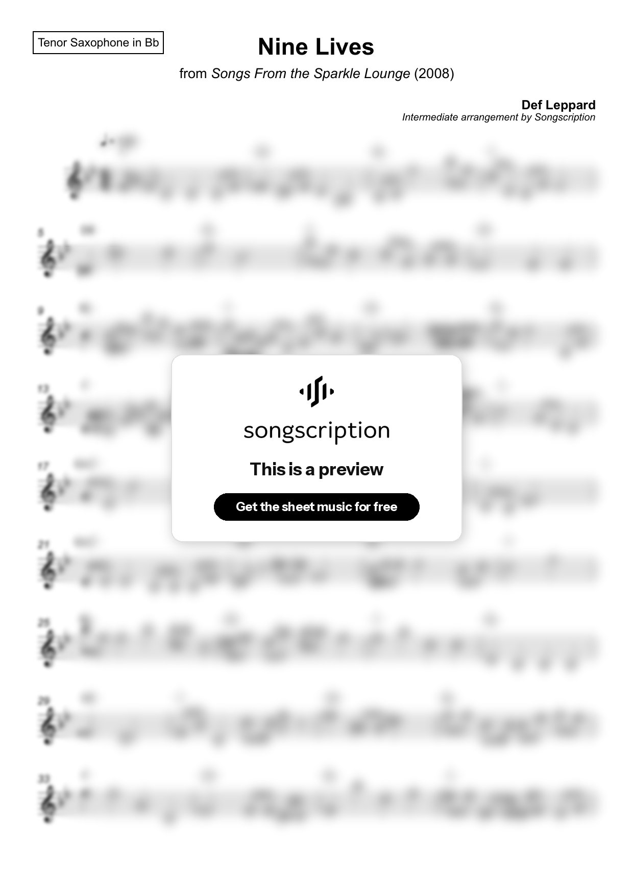 Intermediate Tenor Sax Sheet Music for "Nine Lives" by Def Leppard