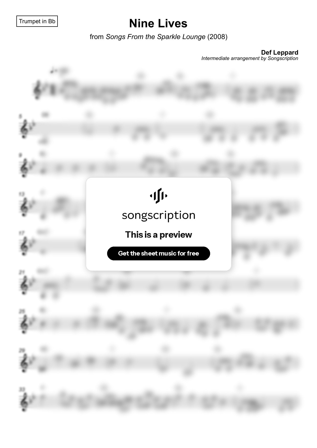 Intermediate Trumpet Sheet Music for "Nine Lives" by Def Leppard