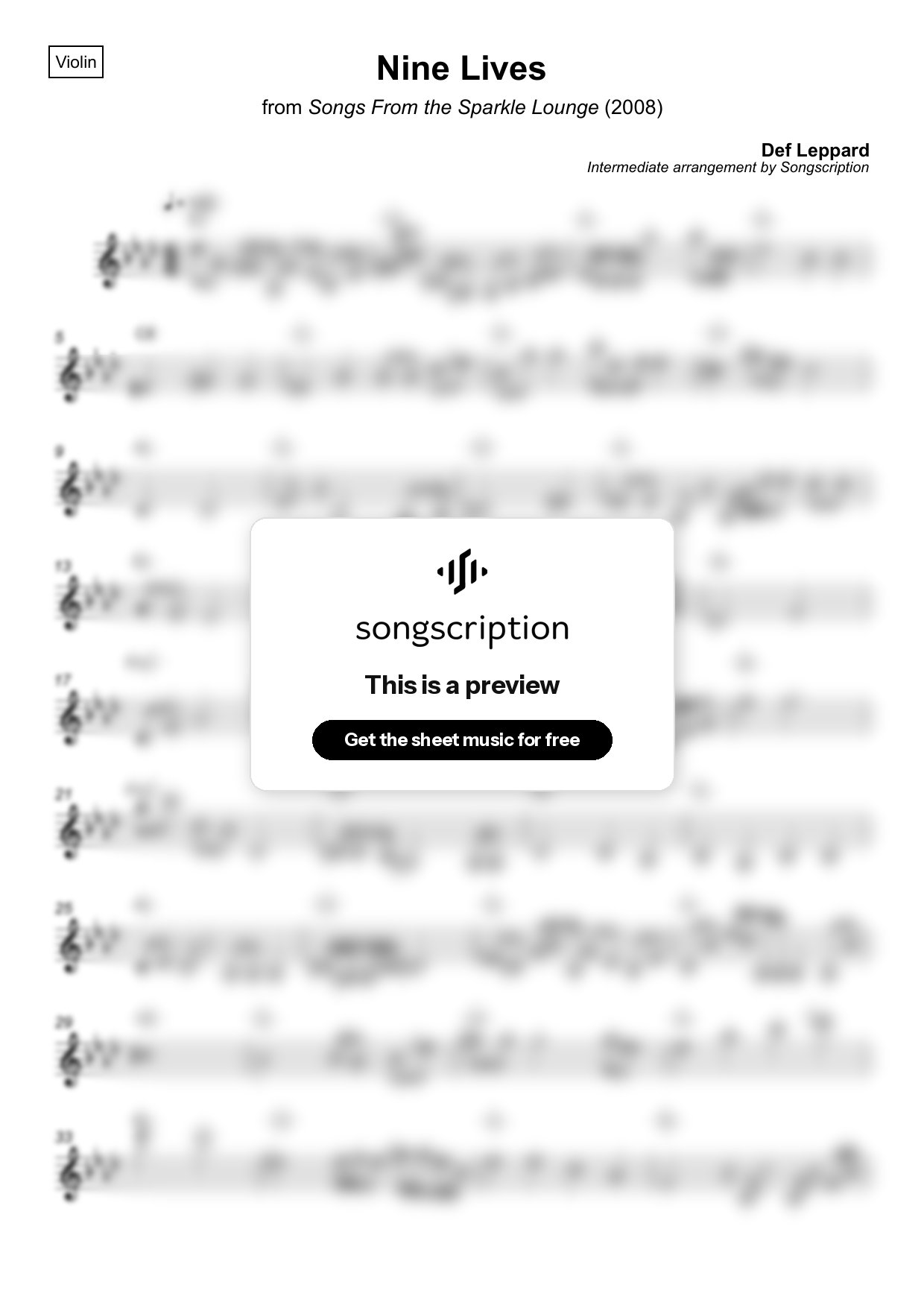Intermediate Violin Sheet Music for "Nine Lives" by Def Leppard