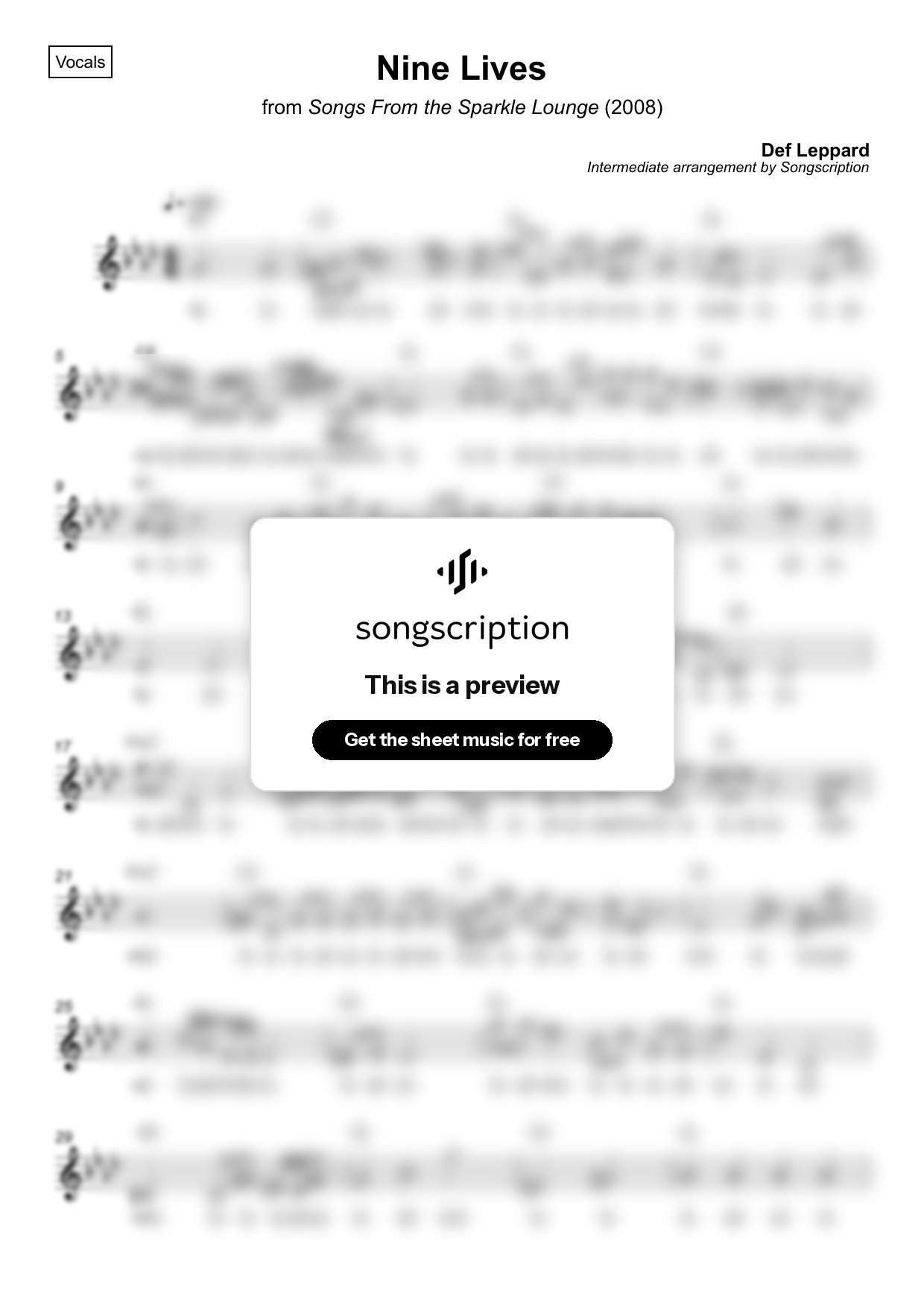 Intermediate Vocals Sheet Music for "Nine Lives" by Def Leppard