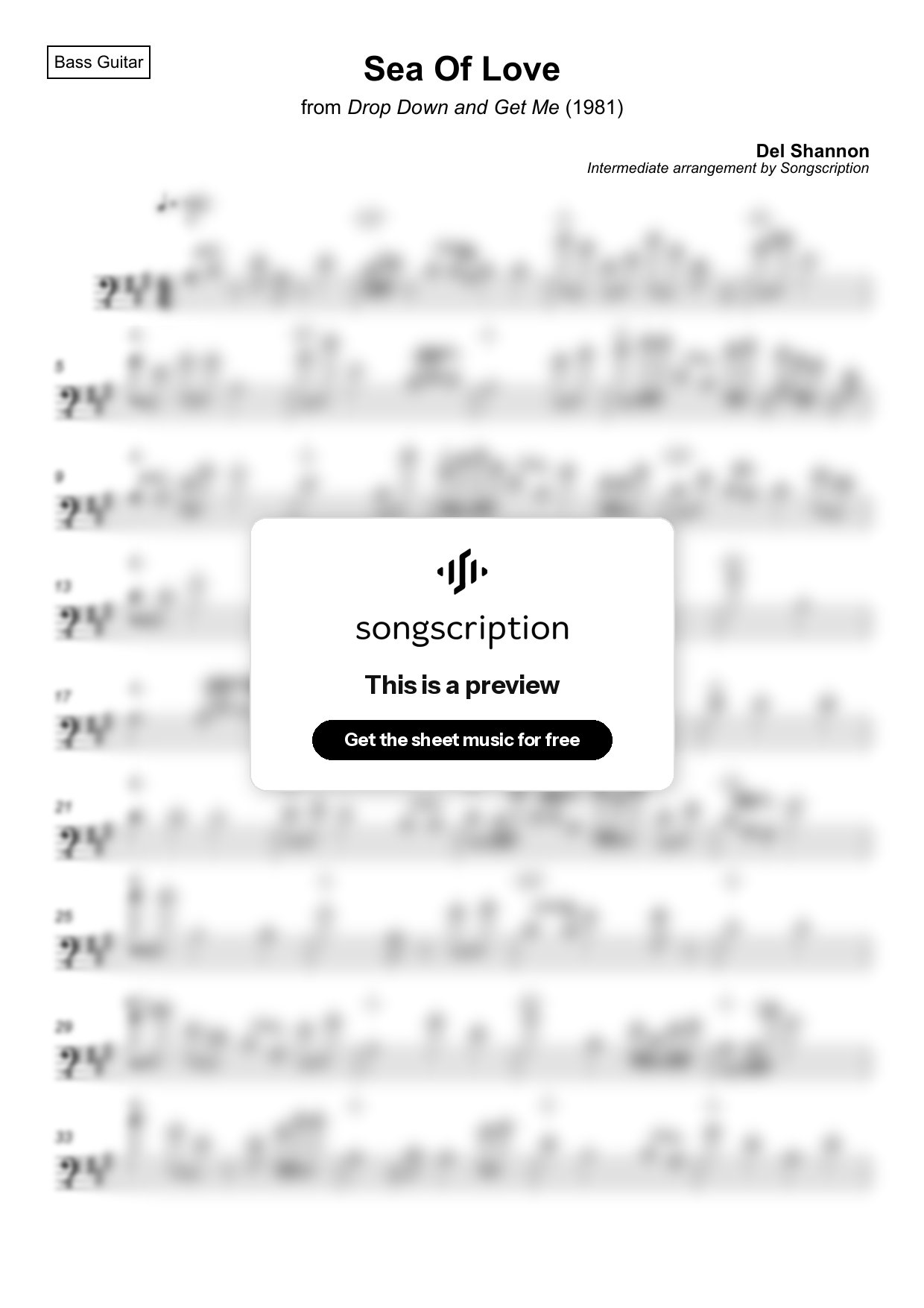 Intermediate Bass Guitar Sheet Music for "Sea Of Love" by Del Shannon
