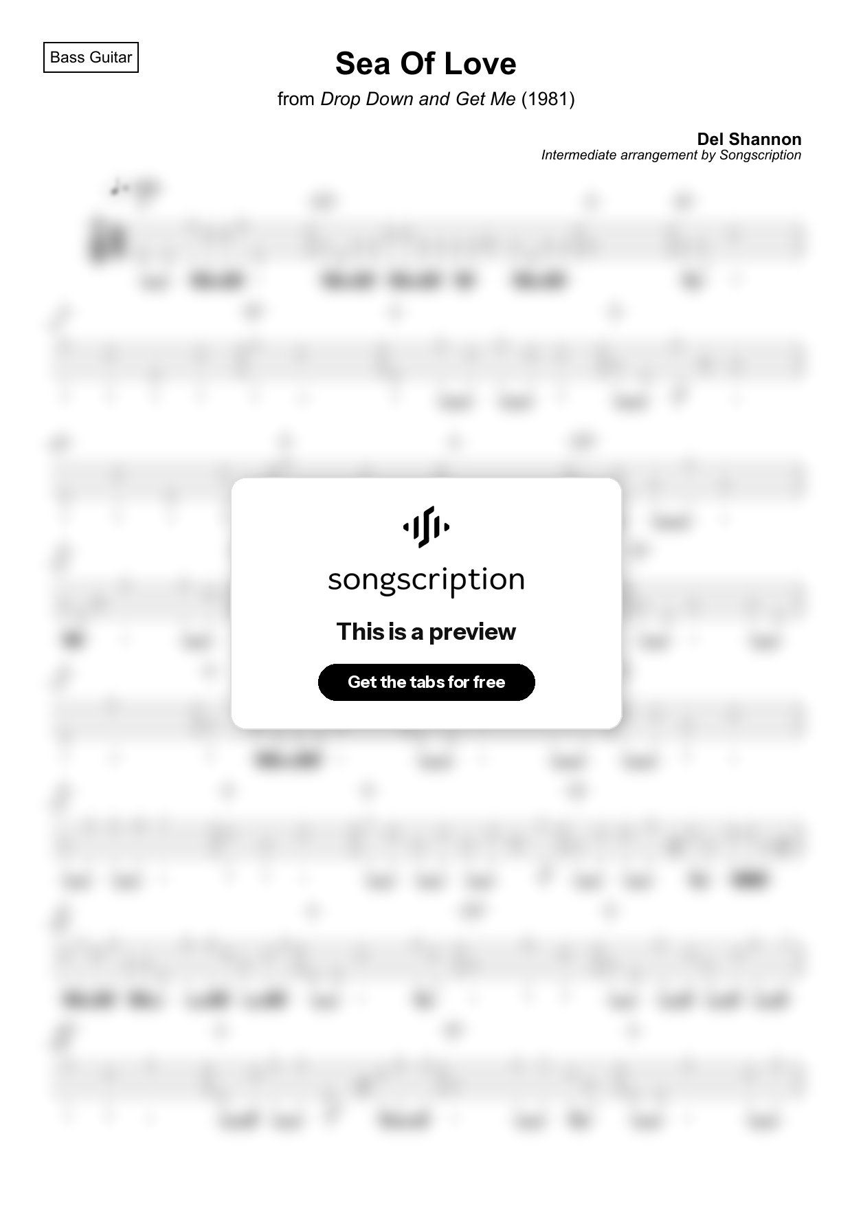 Intermediate Bass Guitar Tabs for "Sea Of Love" by Del Shannon