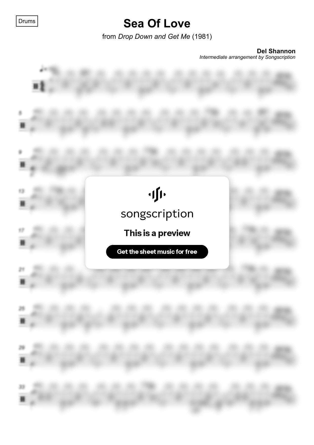 Intermediate Drums Sheet Music for "Sea Of Love" by Del Shannon