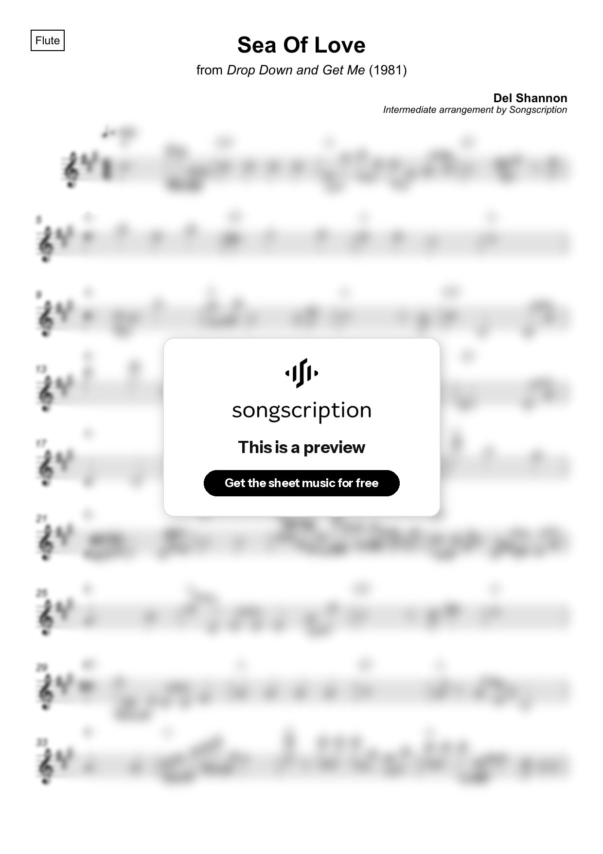 Intermediate Flute Sheet Music for "Sea Of Love" by Del Shannon
