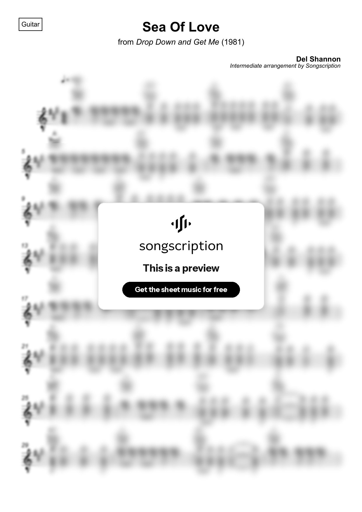 Intermediate Acoustic Guitar Sheet Music for "Sea Of Love" by Del Shannon
