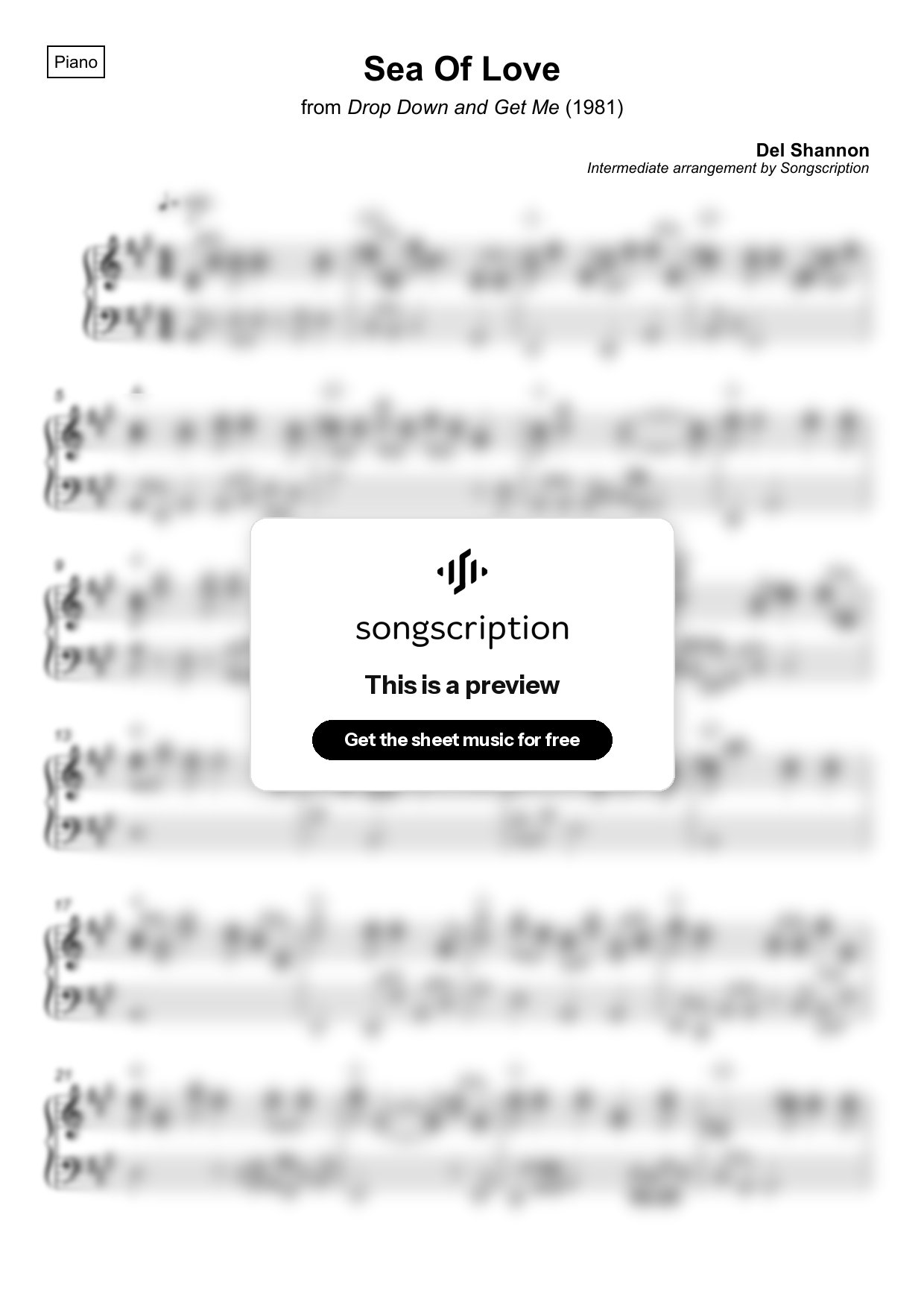 Intermediate Piano Sheet Music for "Sea Of Love" by Del Shannon
