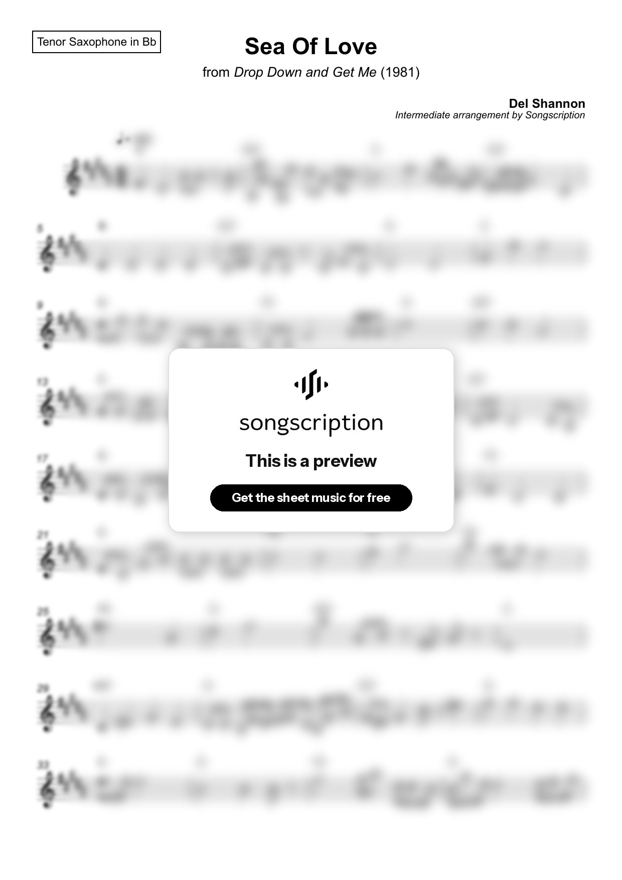 Intermediate Tenor Sax Sheet Music for "Sea Of Love" by Del Shannon