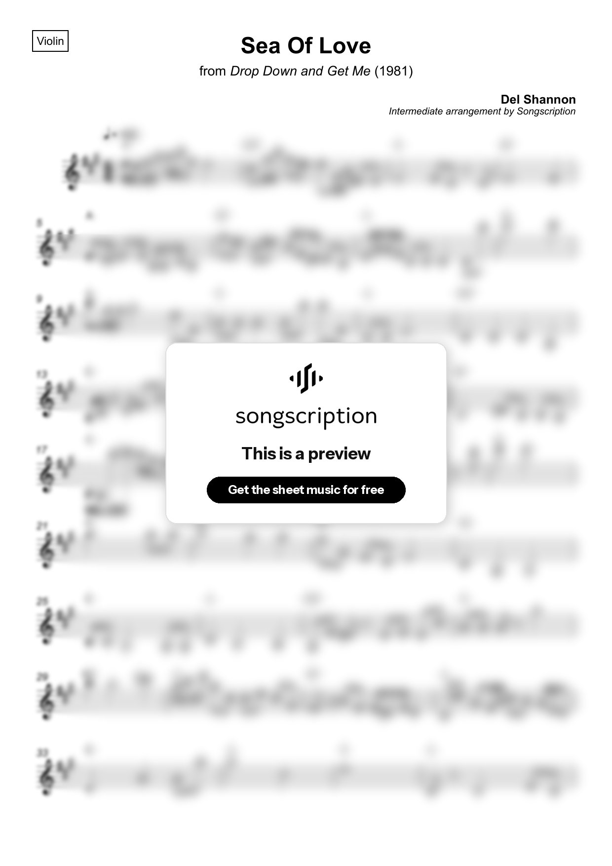 Intermediate Violin Sheet Music for "Sea Of Love" by Del Shannon
