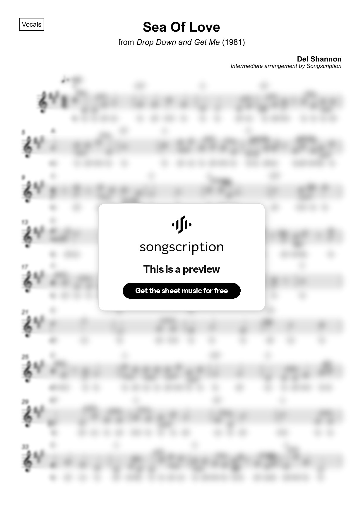Intermediate Vocals Sheet Music for "Sea Of Love" by Del Shannon