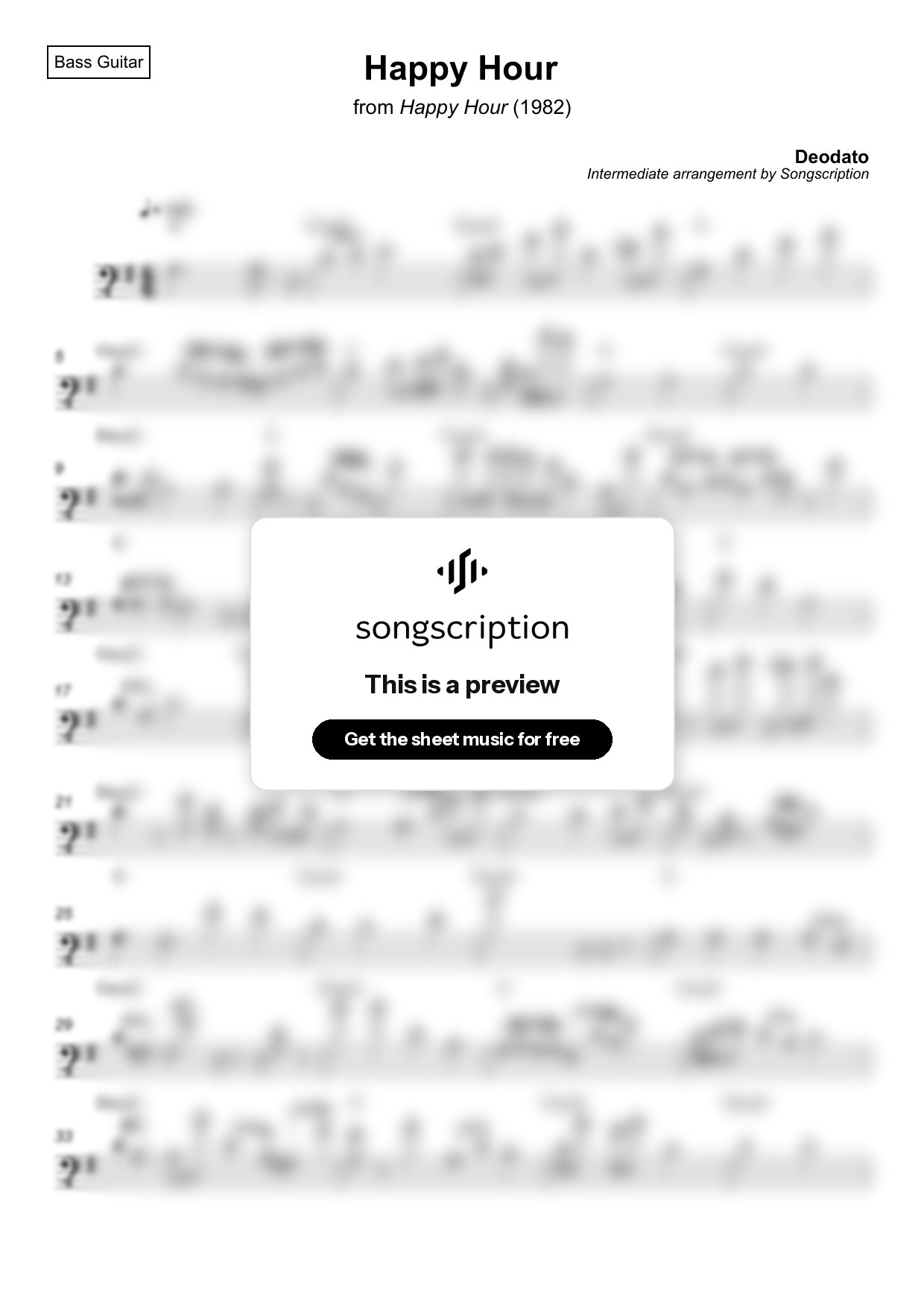 Intermediate Bass Guitar Sheet Music for "Happy Hour" by Deodato