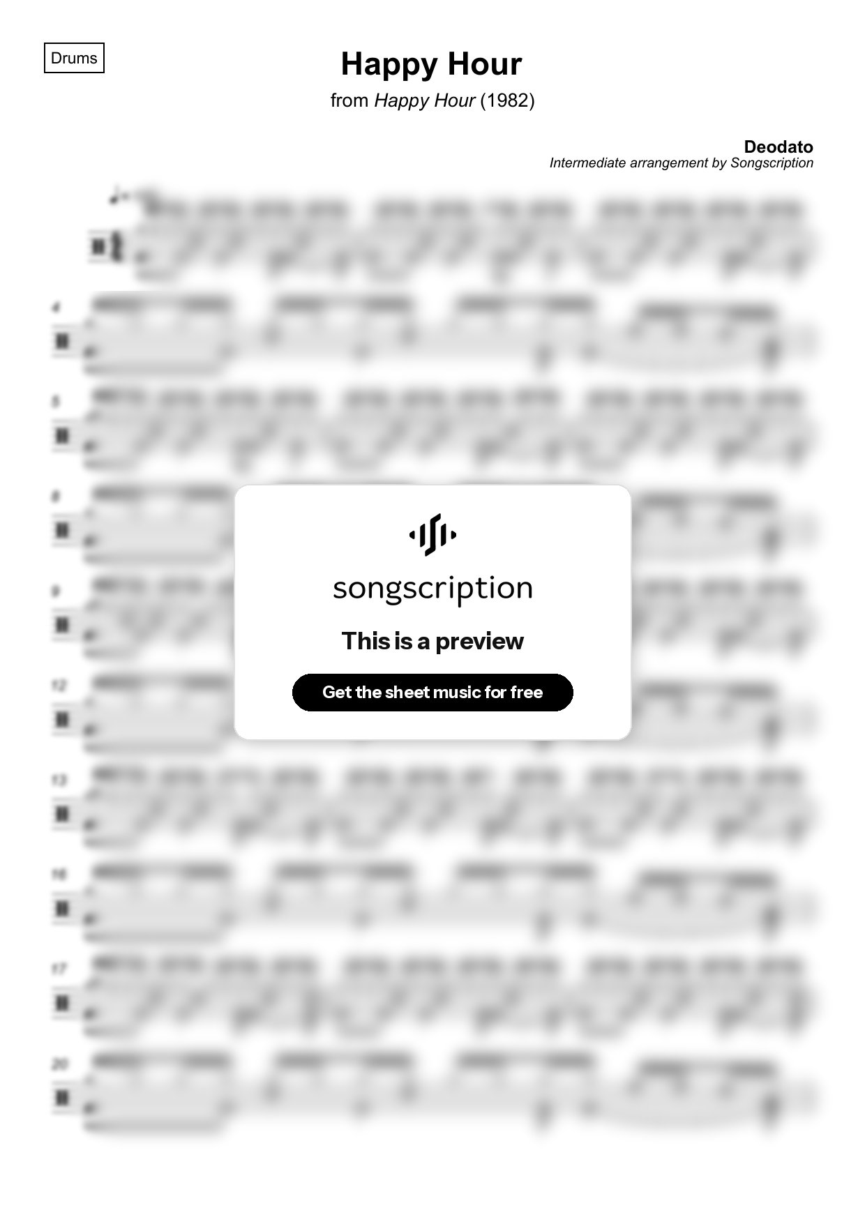 Intermediate Drums Sheet Music for "Happy Hour" by Deodato