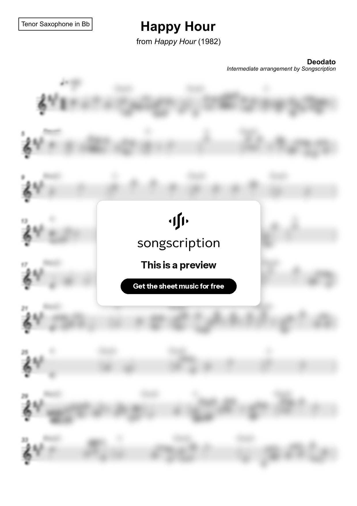 Intermediate Tenor Sax Sheet Music for "Happy Hour" by Deodato