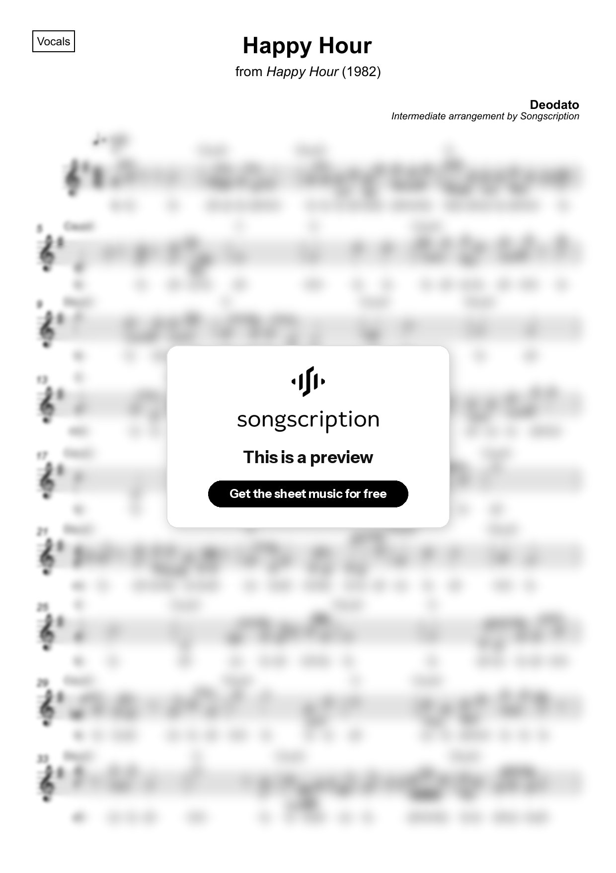 Intermediate Vocals Sheet Music for "Happy Hour" by Deodato