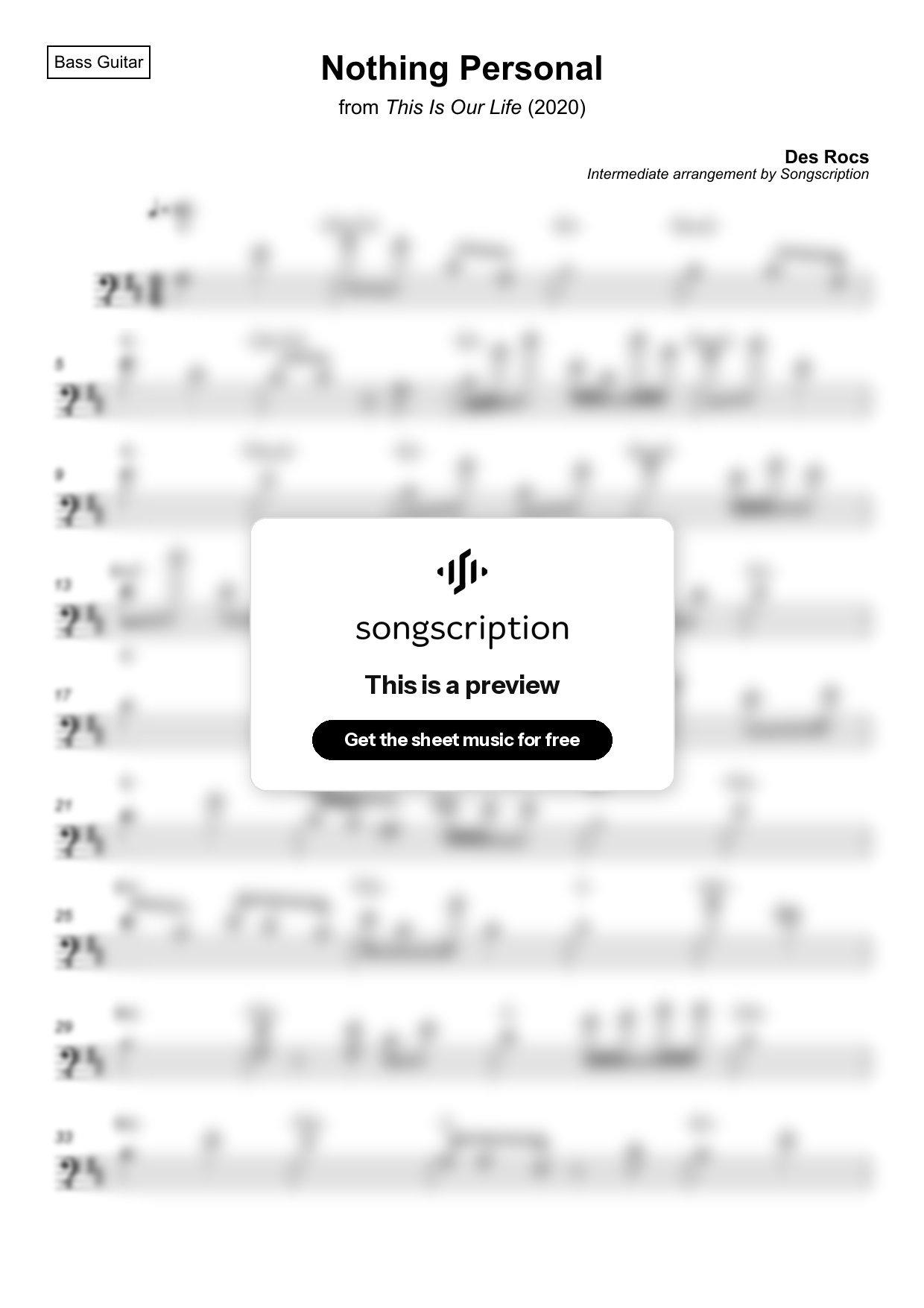 Intermediate Bass Guitar Sheet Music for "Nothing Personal" by Des Rocs