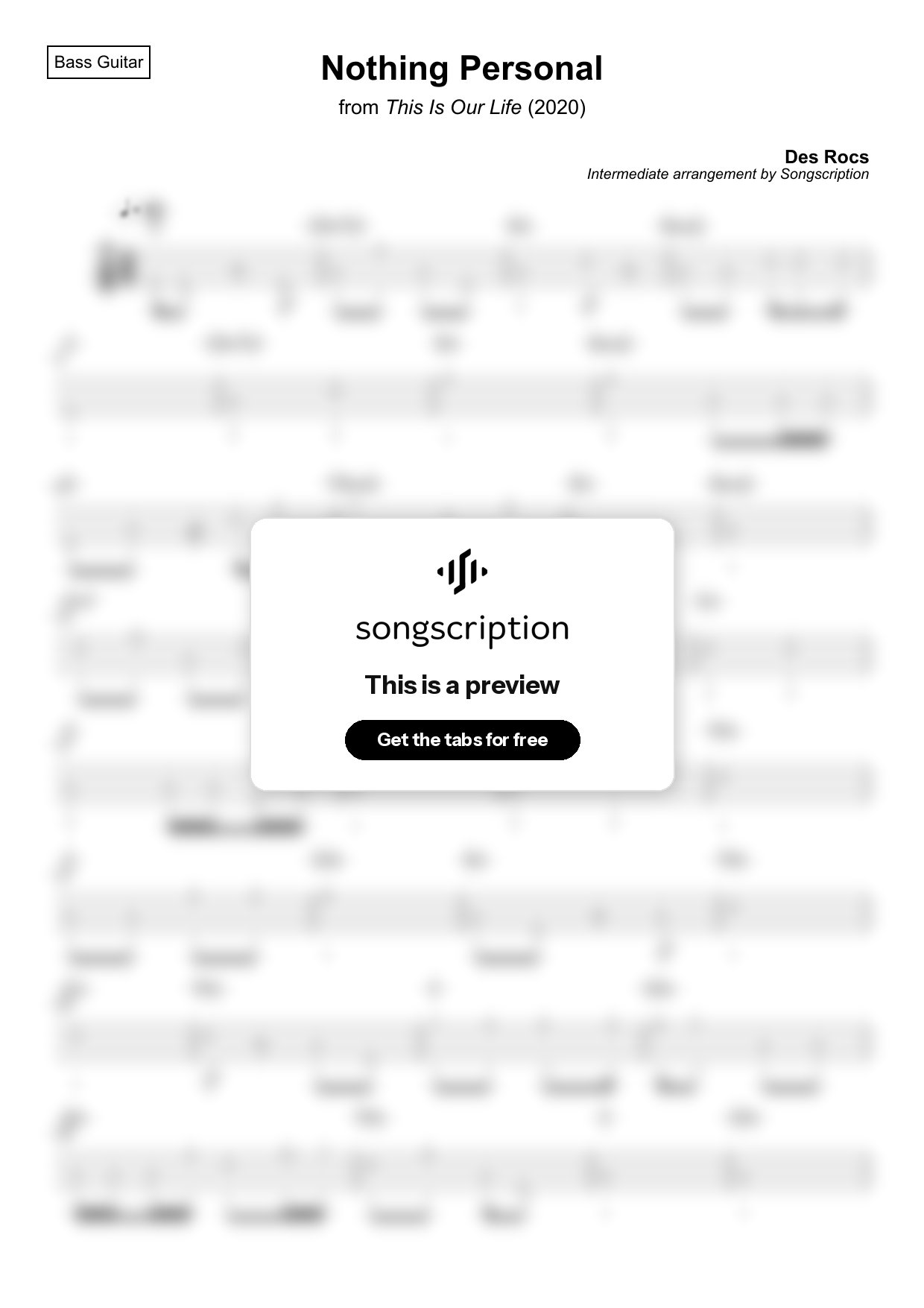 Intermediate Bass Guitar Tabs for "Nothing Personal" by Des Rocs