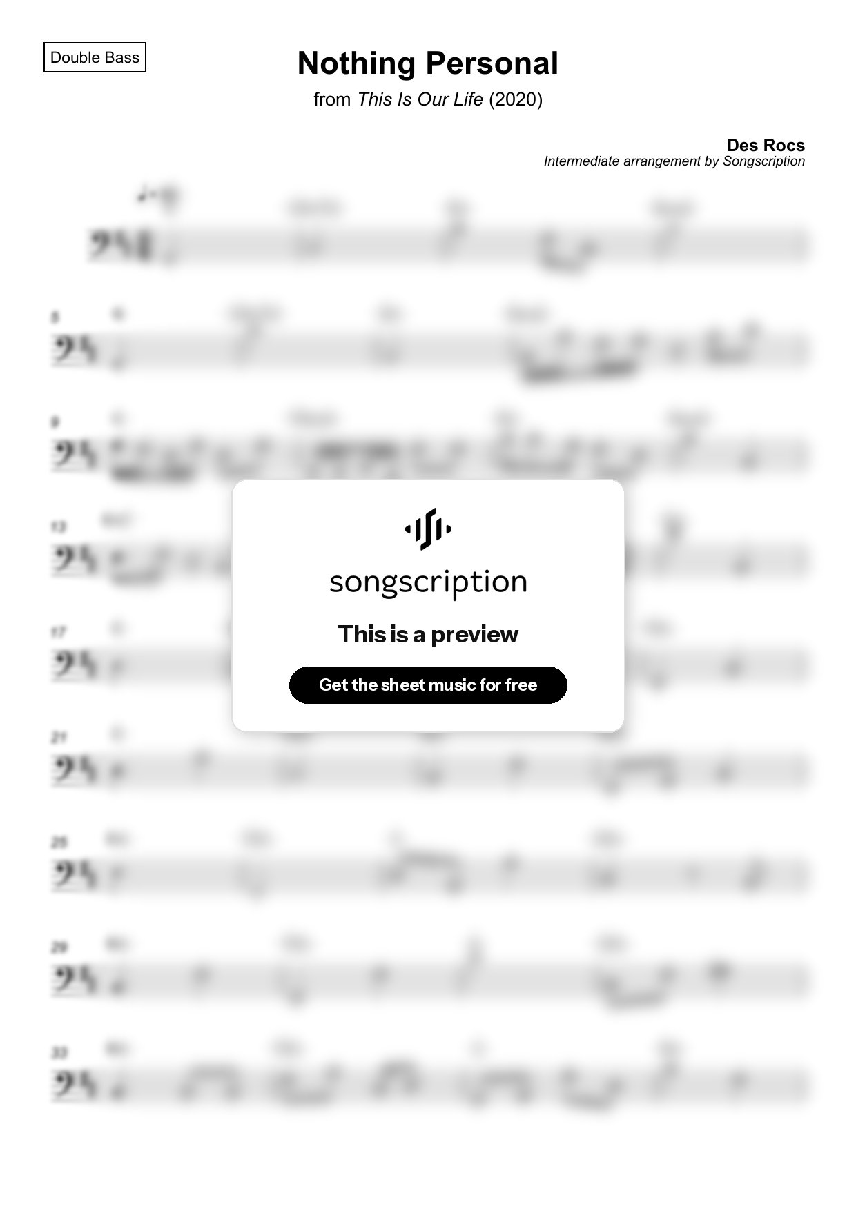 Intermediate Double Bass Sheet Music for "Nothing Personal" by Des Rocs