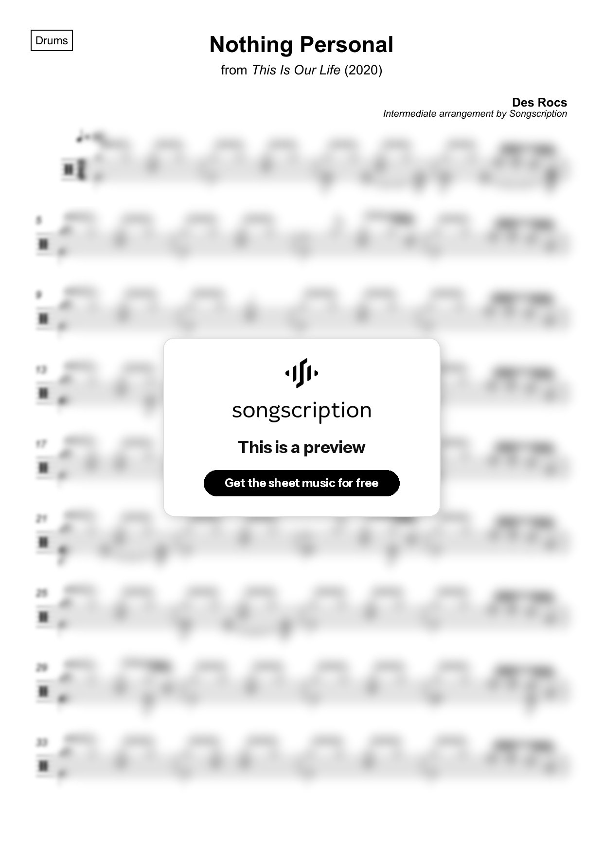 Intermediate Drums Sheet Music for "Nothing Personal" by Des Rocs