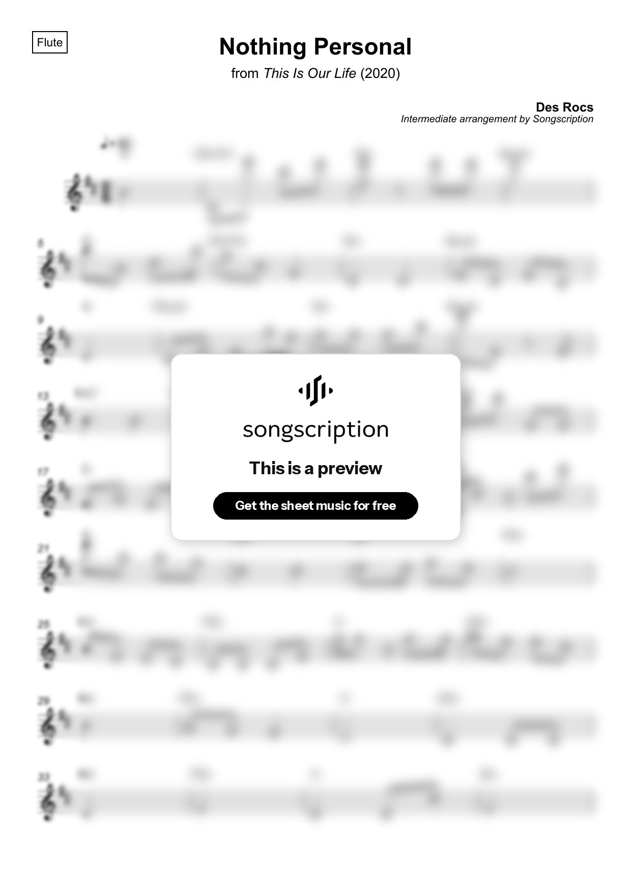 Intermediate Flute Sheet Music for "Nothing Personal" by Des Rocs