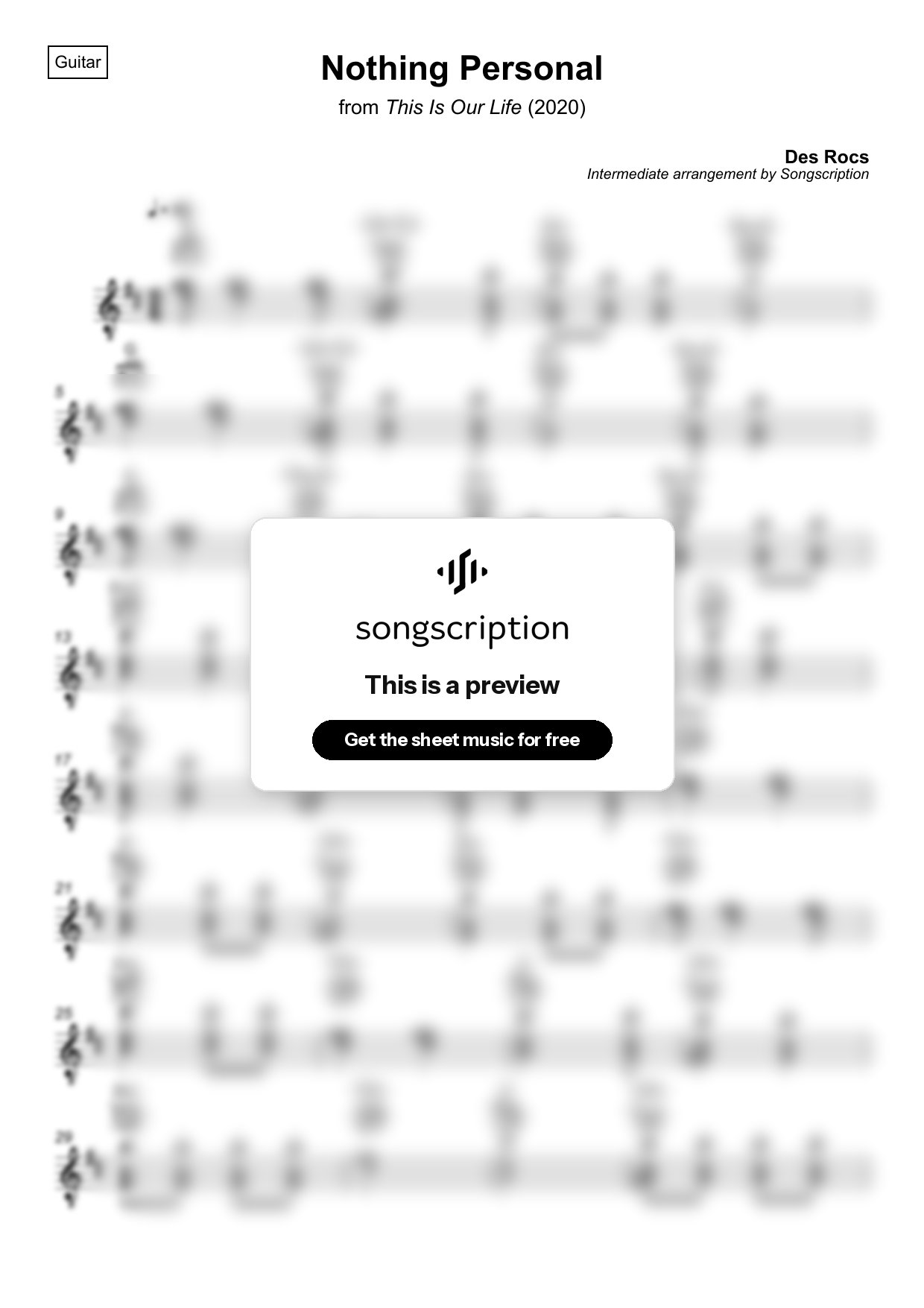 Intermediate Acoustic Guitar Sheet Music for "Nothing Personal" by Des Rocs