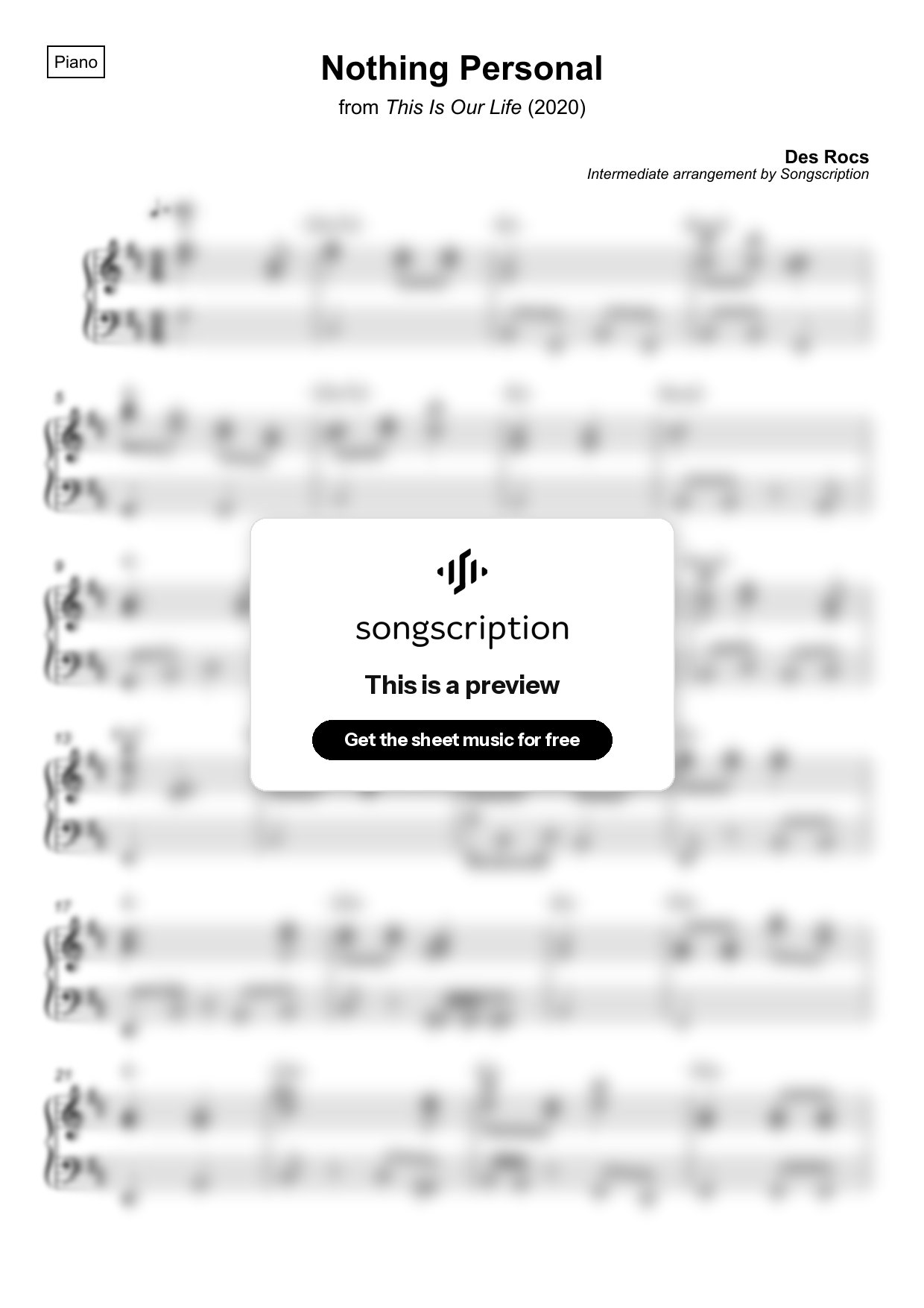 Intermediate Piano Sheet Music for "Nothing Personal" by Des Rocs