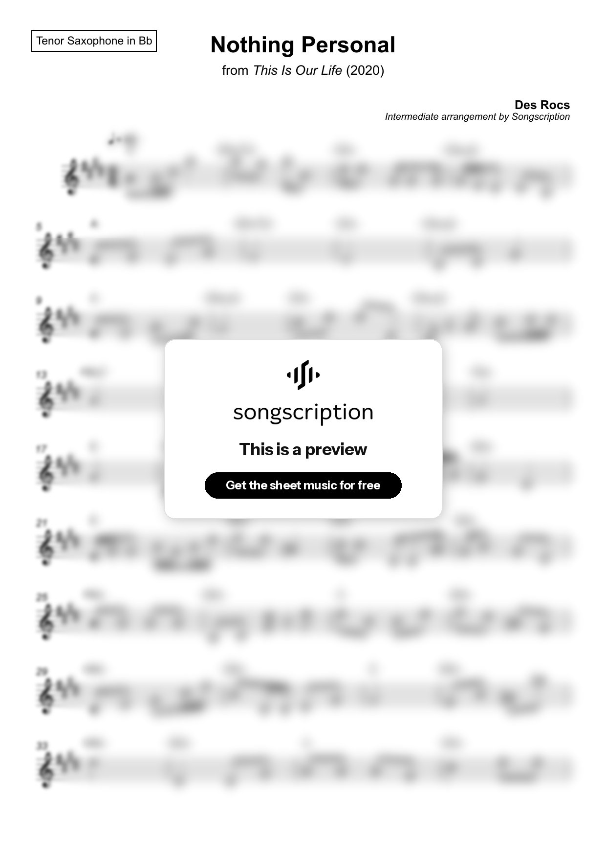 Intermediate Tenor Sax Sheet Music for "Nothing Personal" by Des Rocs