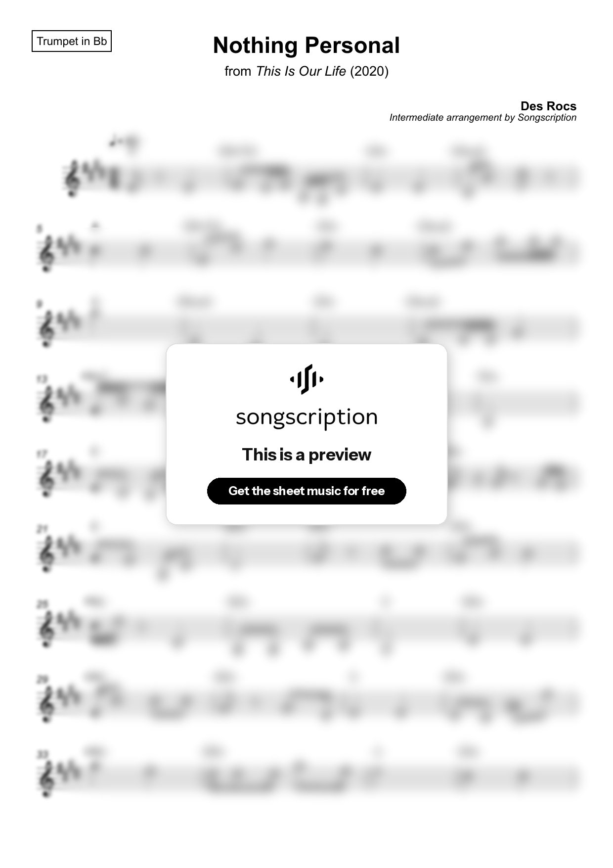 Intermediate Trumpet Sheet Music for "Nothing Personal" by Des Rocs