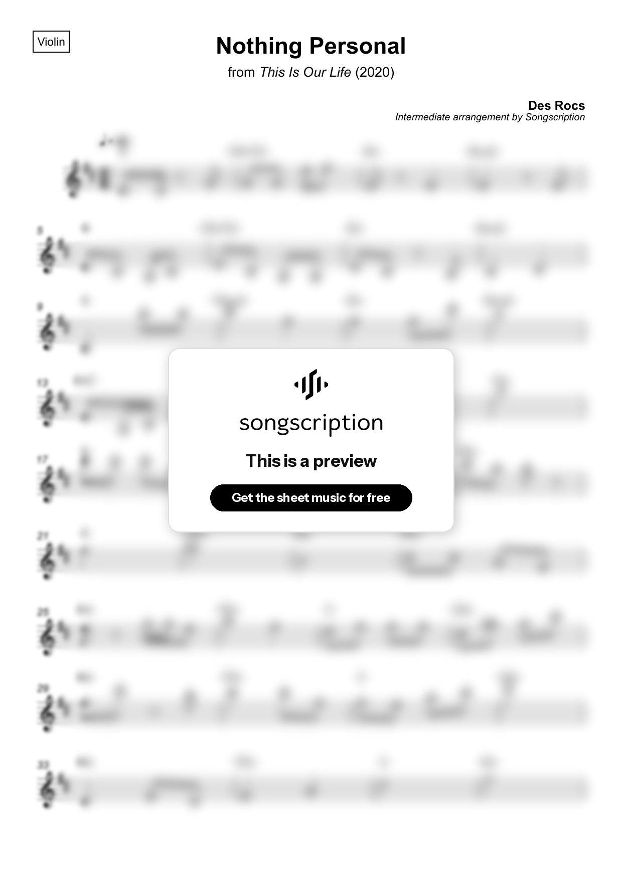 Intermediate Violin Sheet Music for "Nothing Personal" by Des Rocs