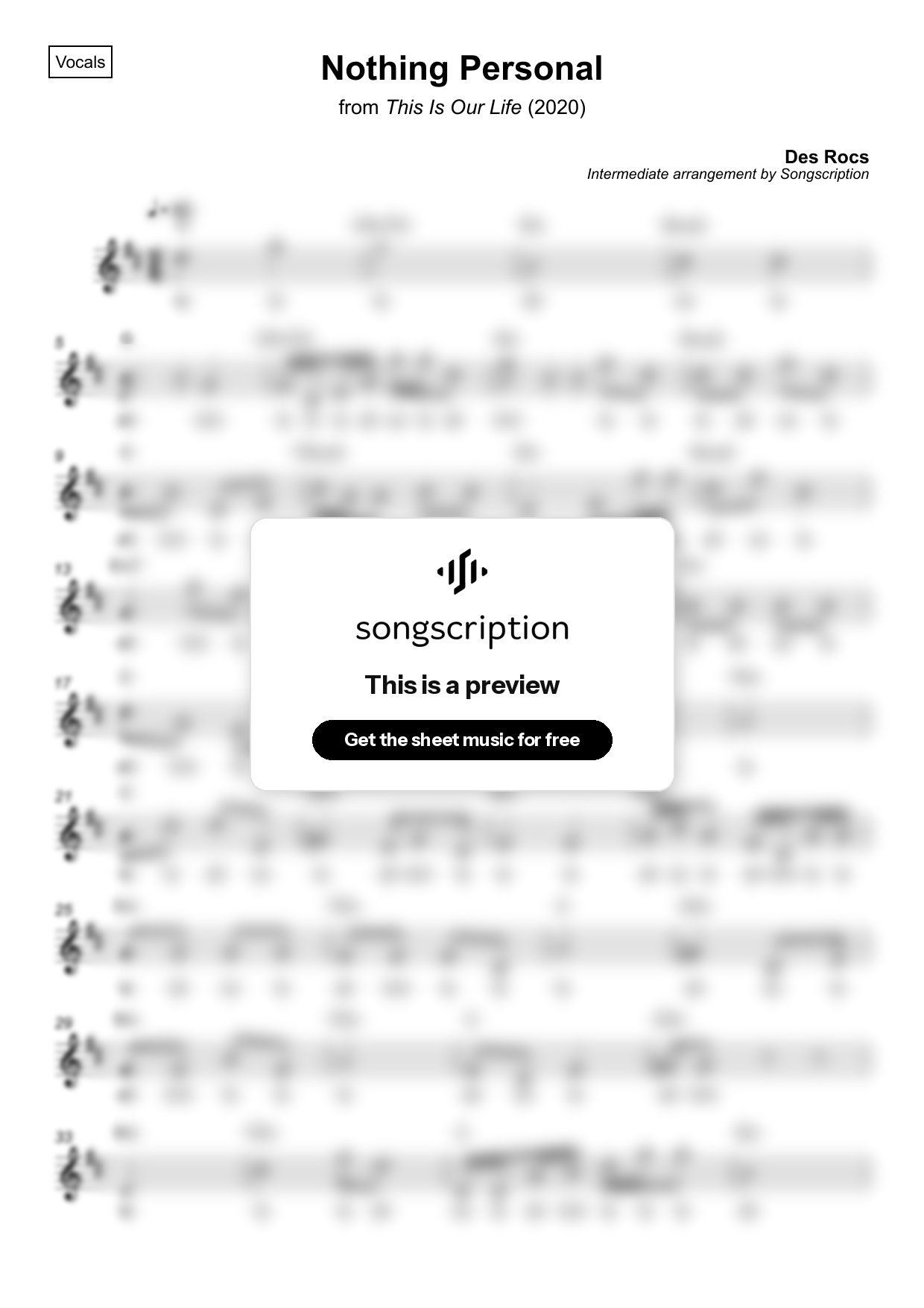 Intermediate Vocals Sheet Music for "Nothing Personal" by Des Rocs