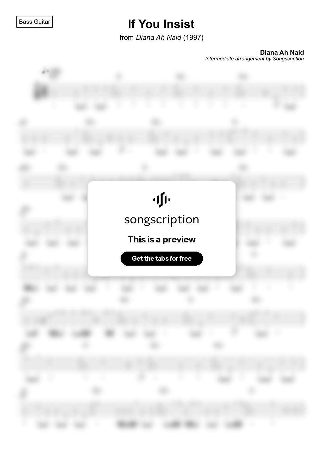 Intermediate Bass Guitar Tabs for "If You Insist" by Diana Ah Naid