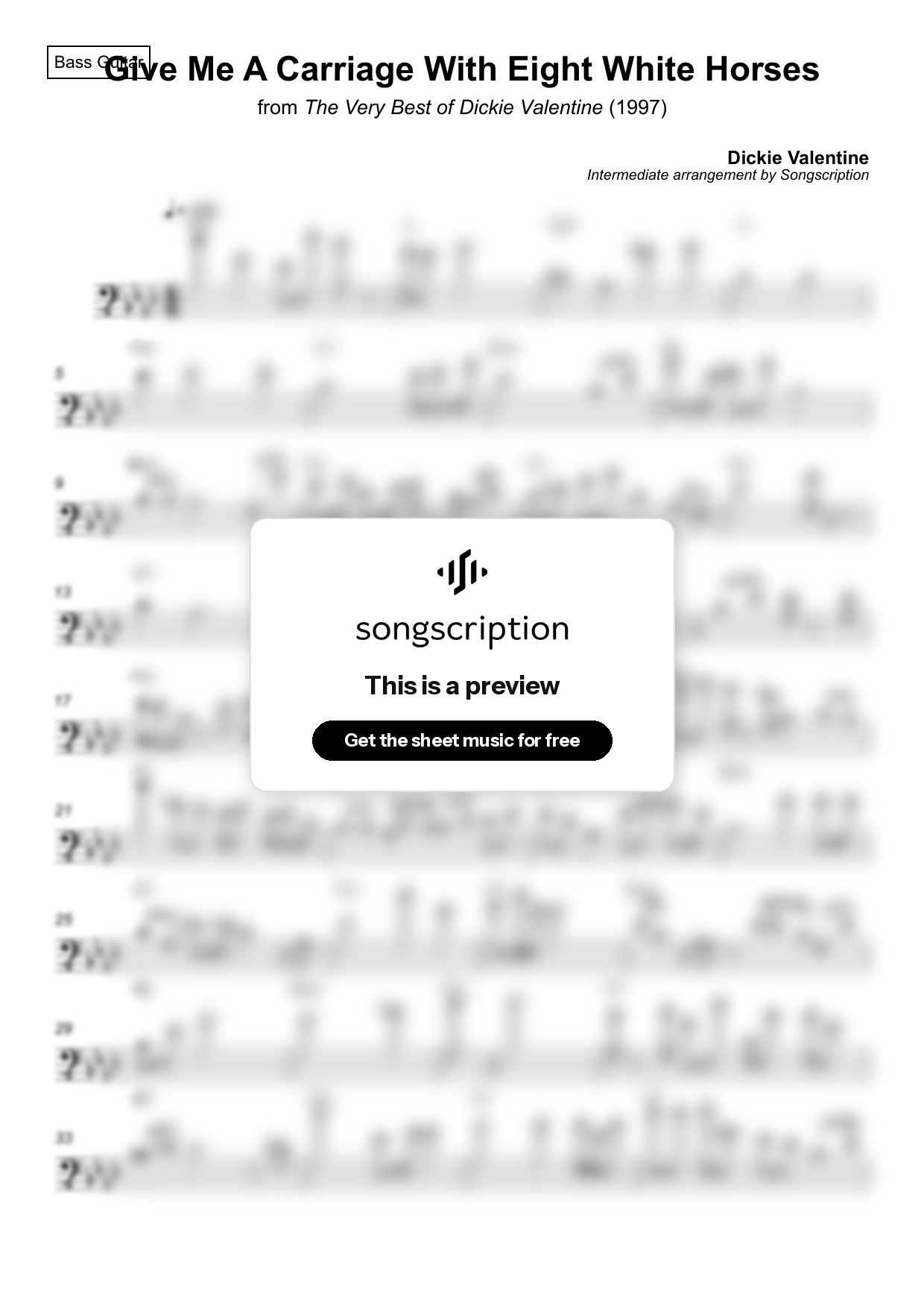 Intermediate Bass Guitar Sheet Music for "Give Me A Carriage With Eight White Horses" by Dickie Valentine