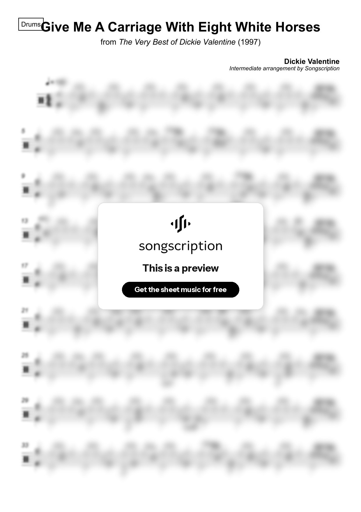Intermediate Drums Sheet Music for "Give Me A Carriage With Eight White Horses" by Dickie Valentine