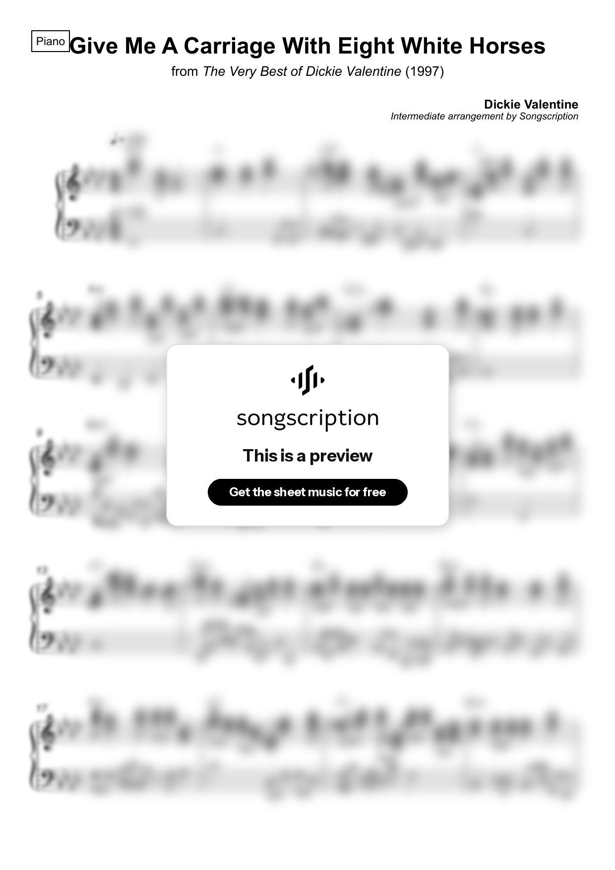 Intermediate Piano Sheet Music for "Give Me A Carriage With Eight White Horses" by Dickie Valentine