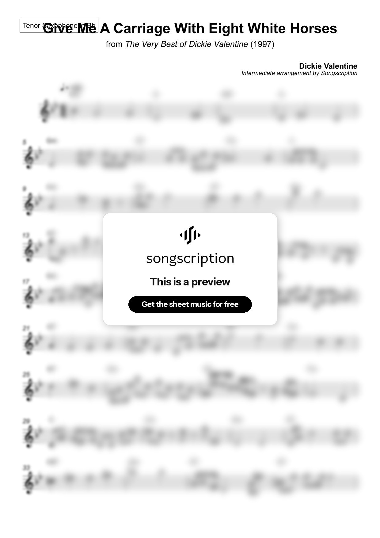 Intermediate Tenor Sax Sheet Music for "Give Me A Carriage With Eight White Horses" by Dickie Valentine