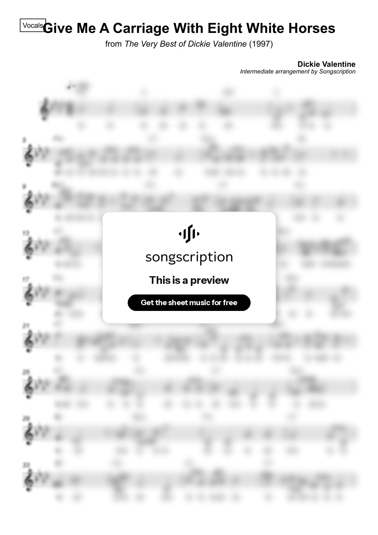 Intermediate Vocals Sheet Music for "Give Me A Carriage With Eight White Horses" by Dickie Valentine