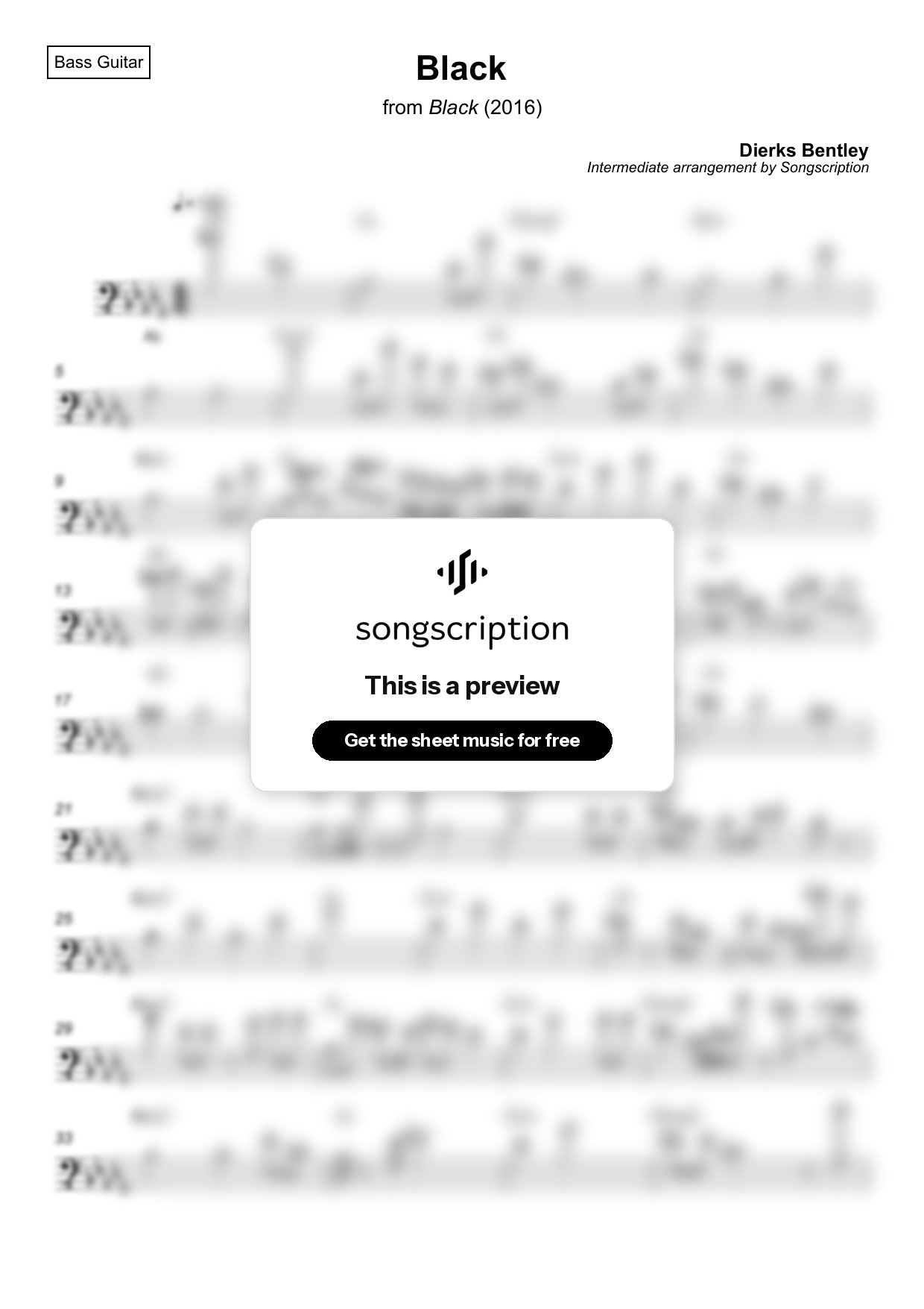 Intermediate Bass Guitar Sheet Music for "Black" by Dierks Bentley