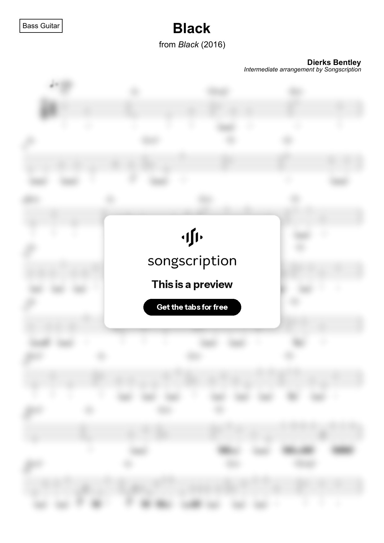Intermediate Bass Guitar Tabs for "Black" by Dierks Bentley