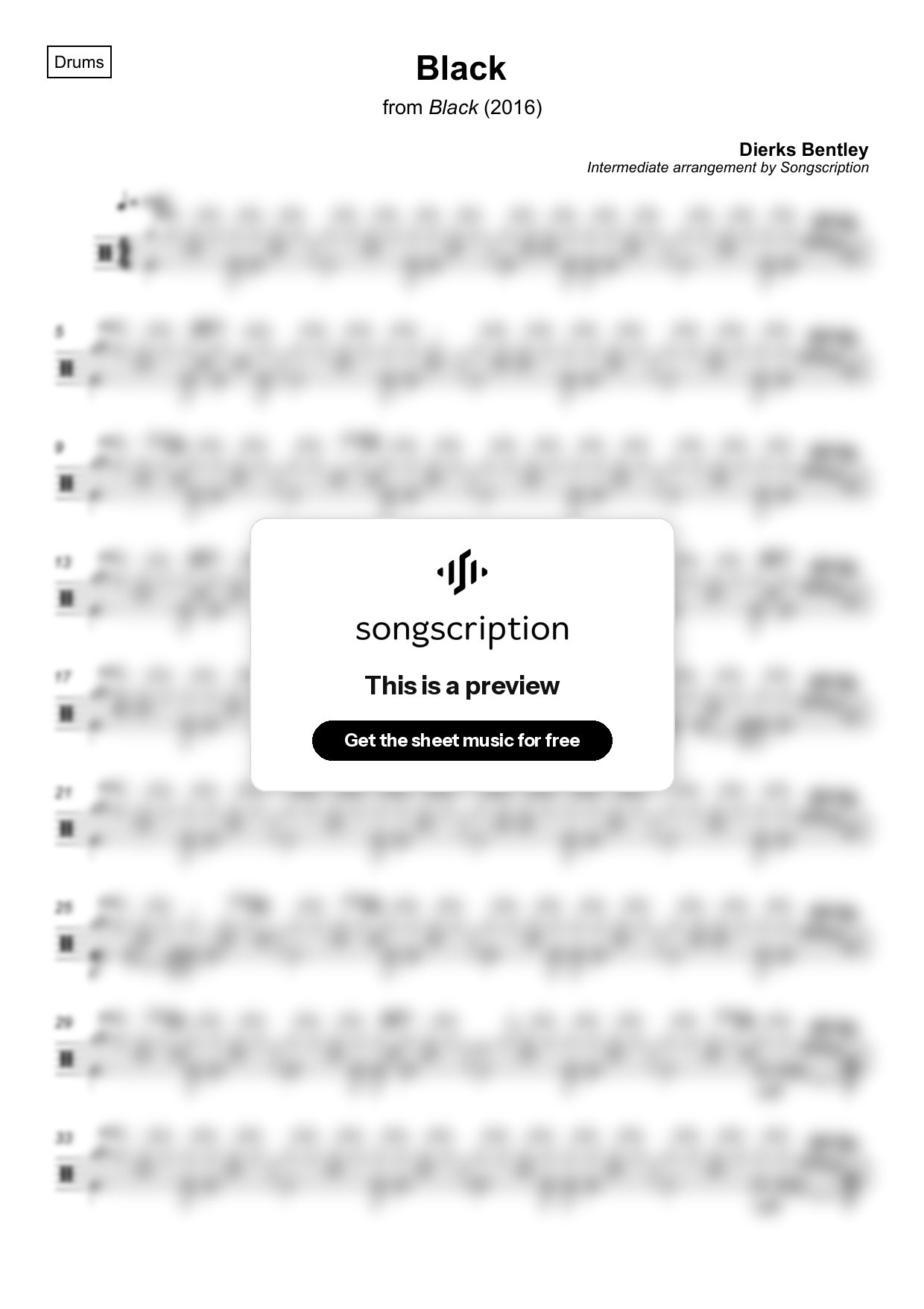 Intermediate Drums Sheet Music for "Black" by Dierks Bentley