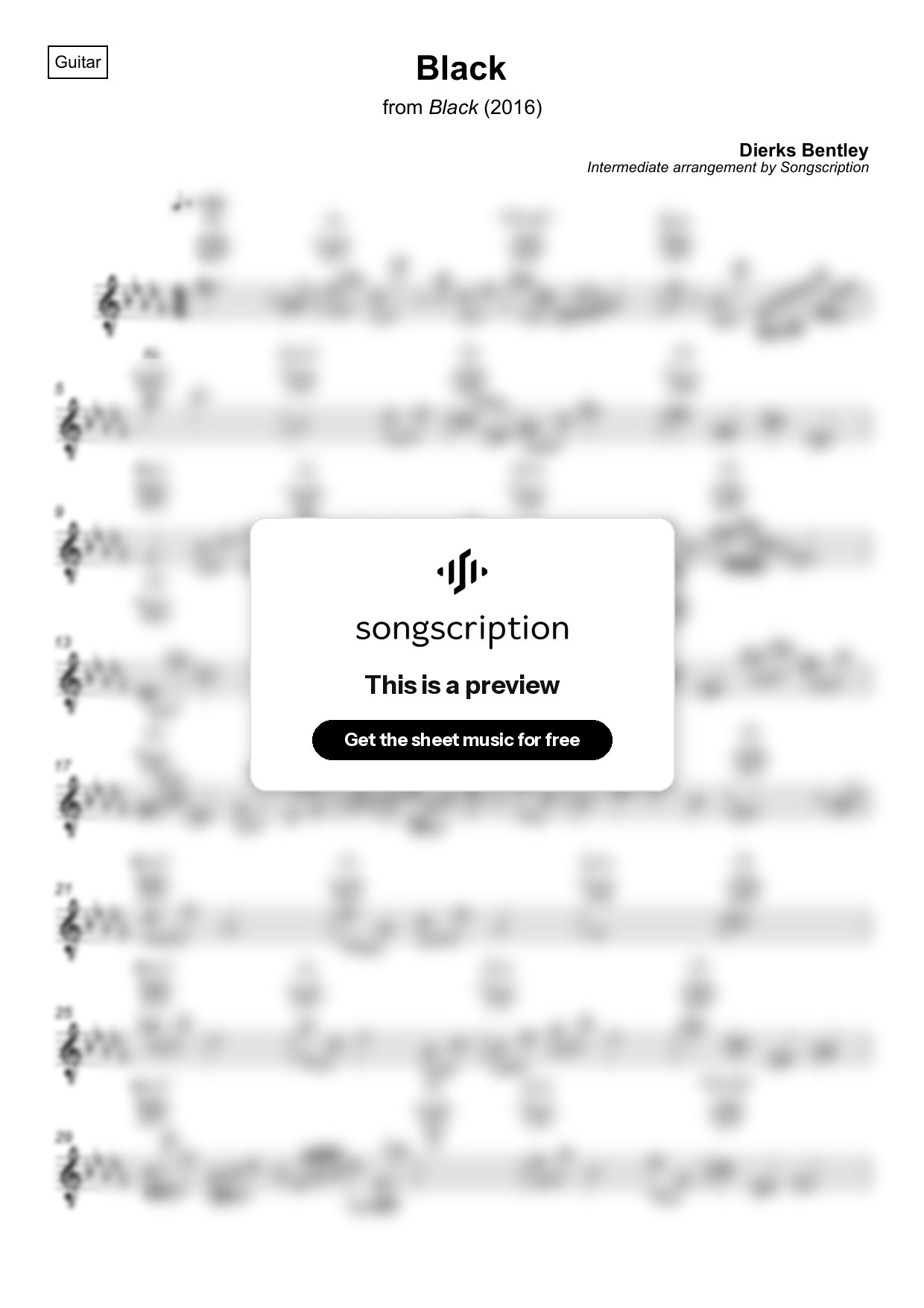 Intermediate Acoustic Guitar Sheet Music for "Black" by Dierks Bentley