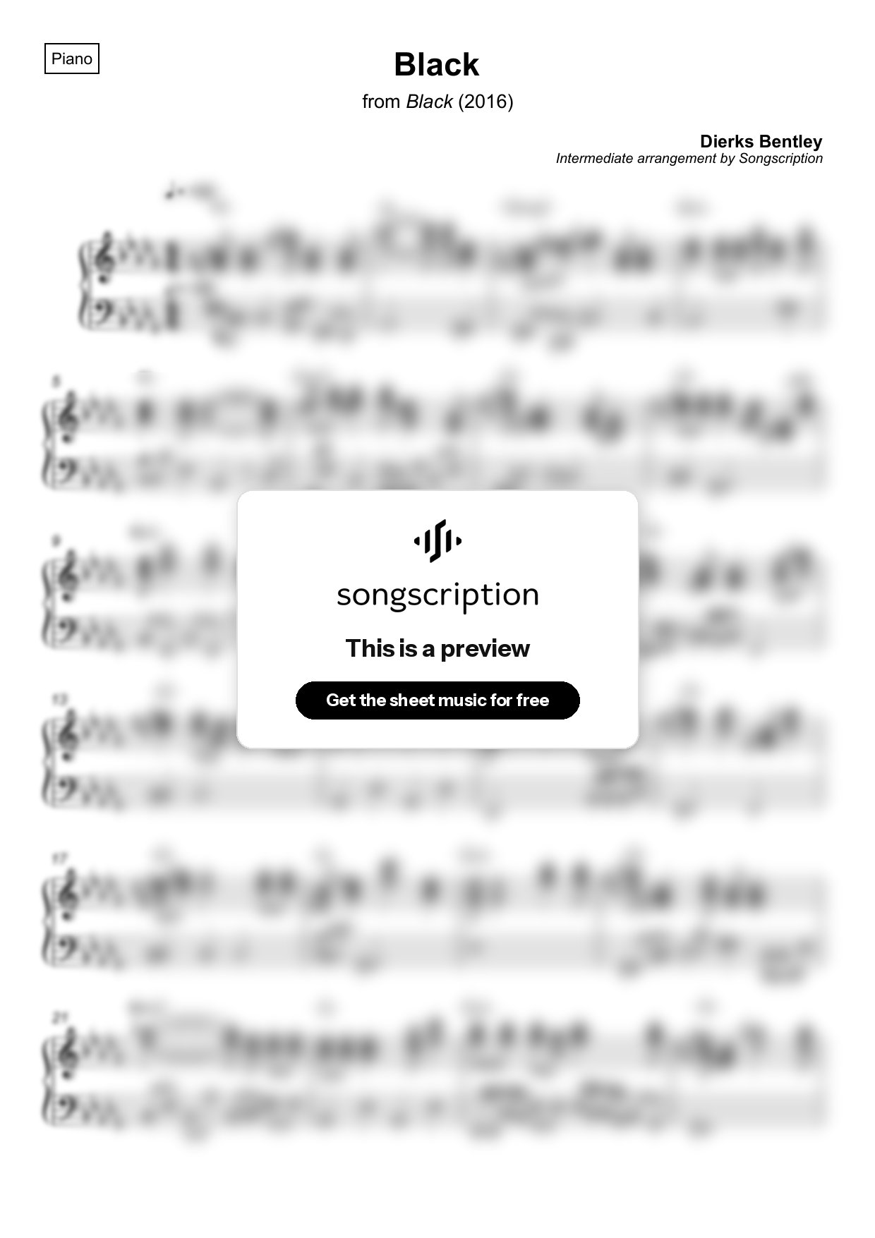 Intermediate Piano Sheet Music for "Black" by Dierks Bentley