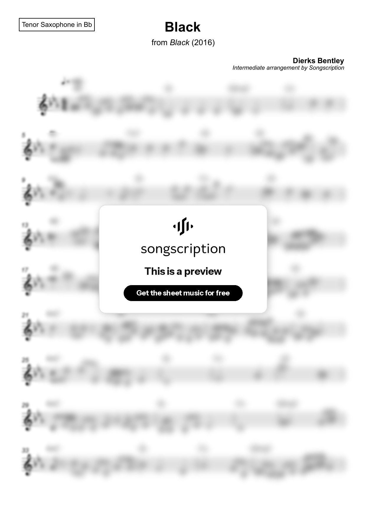 Intermediate Tenor Sax Sheet Music for "Black" by Dierks Bentley