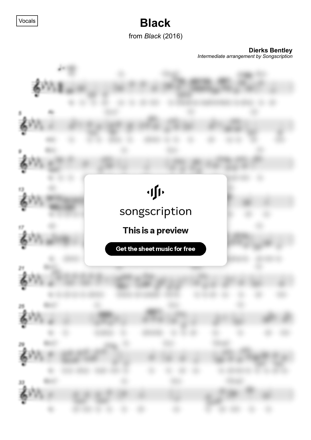 Intermediate Vocals Sheet Music for "Black" by Dierks Bentley